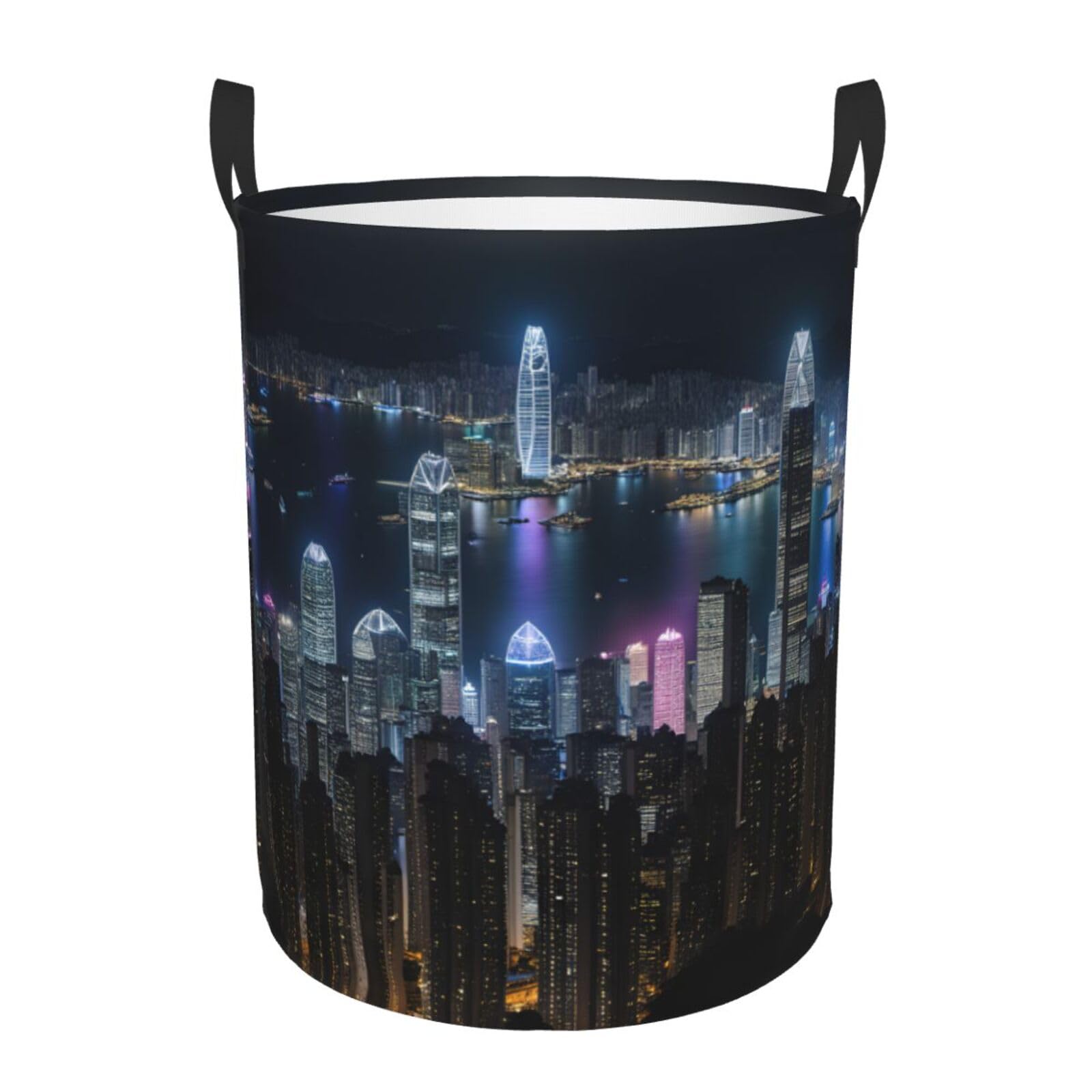 M Collapsible Laundry Hamper Round Aerial Night of View Hong Kong Print Storage