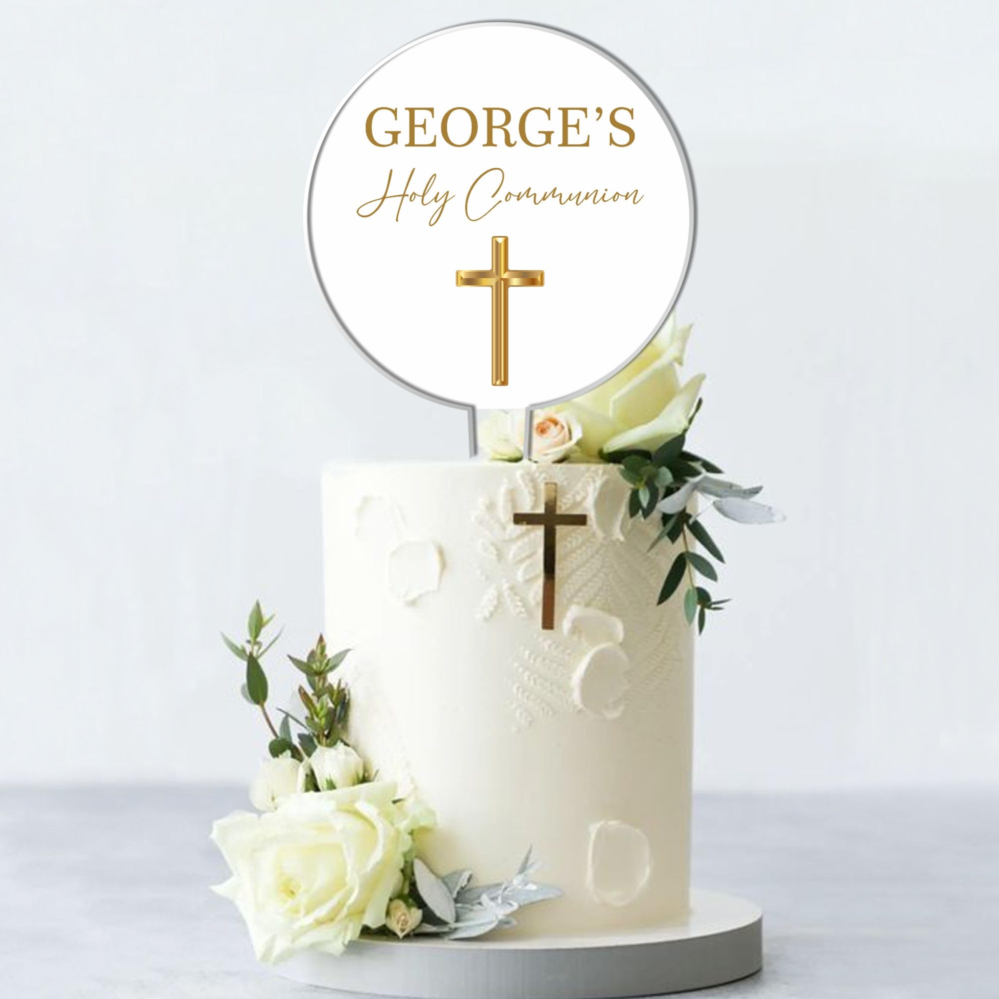 Personalised Acrylic Cake Topper for Christenings Confirmations Holy Communions – Custom Child’s Name in 7 Colours with Gold Cross Design (Holy Communion, White)