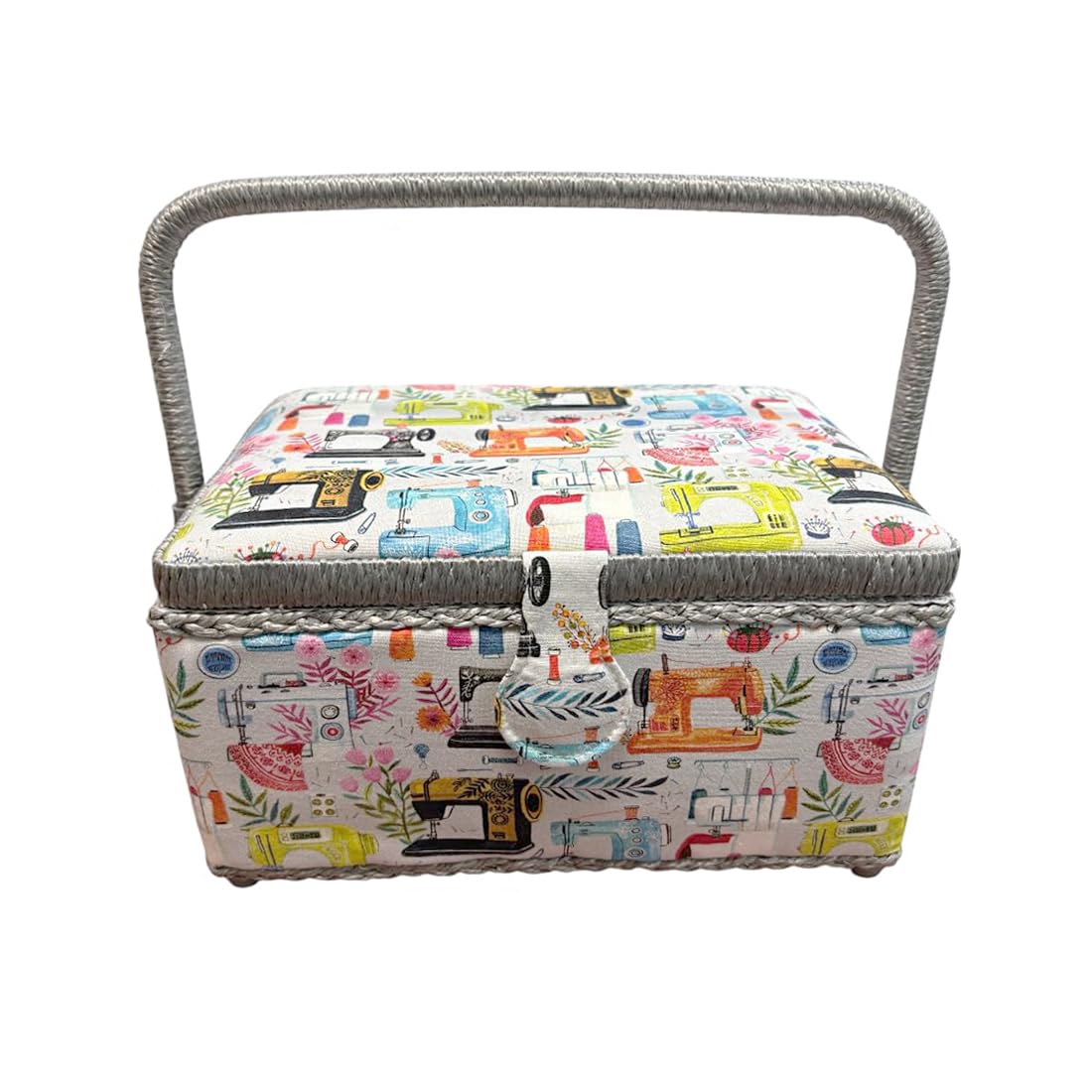 Wooden Sewing Box, Fabric Lined Sewing Box with 8 Compartments, Organizer with Pin, Storage Box with Handle and Tray, (P14, Medium)