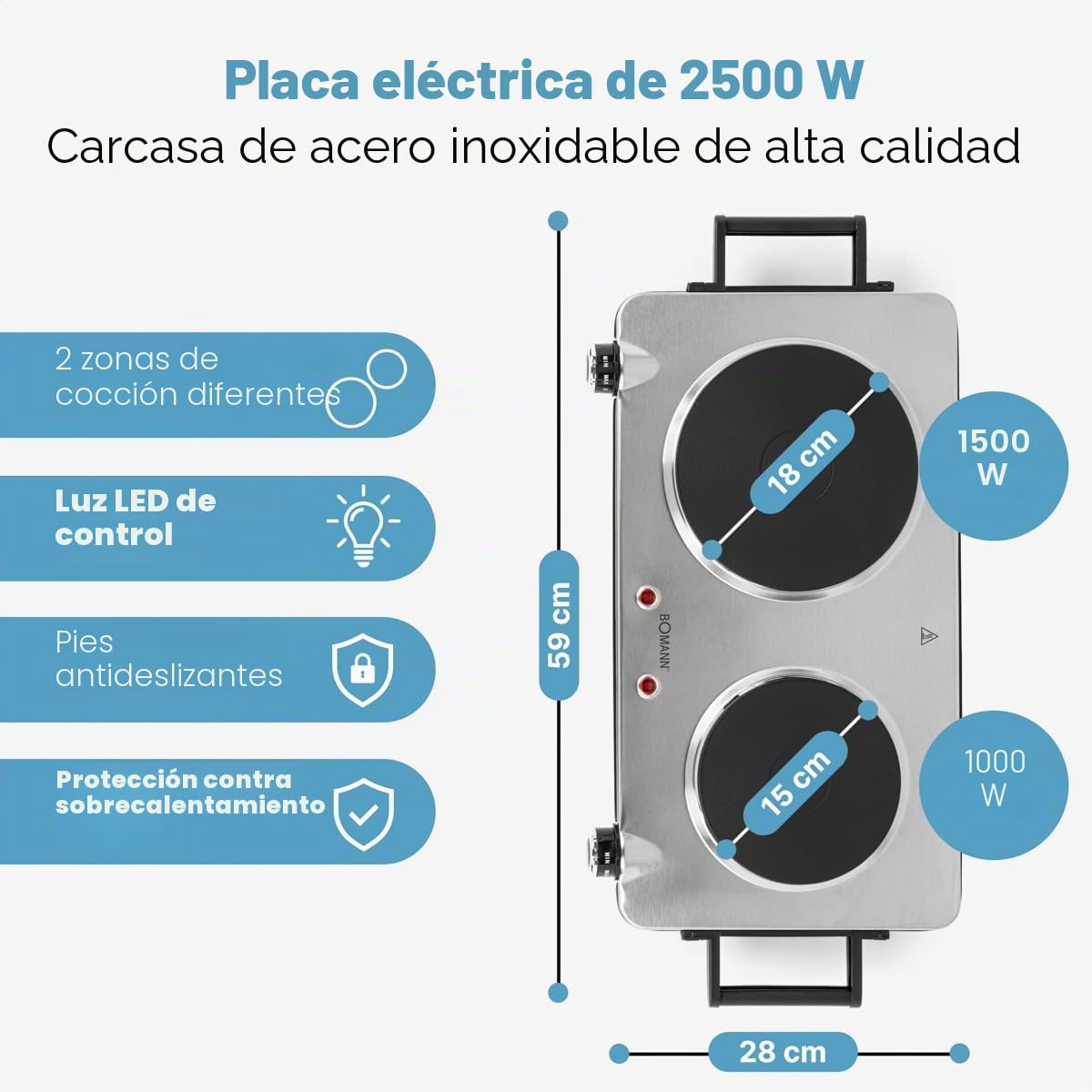 Bomann DKP 5033 S CB de acero inoxidable, placa de cocción doble/2 termostatos regulables continuos/2500 W
