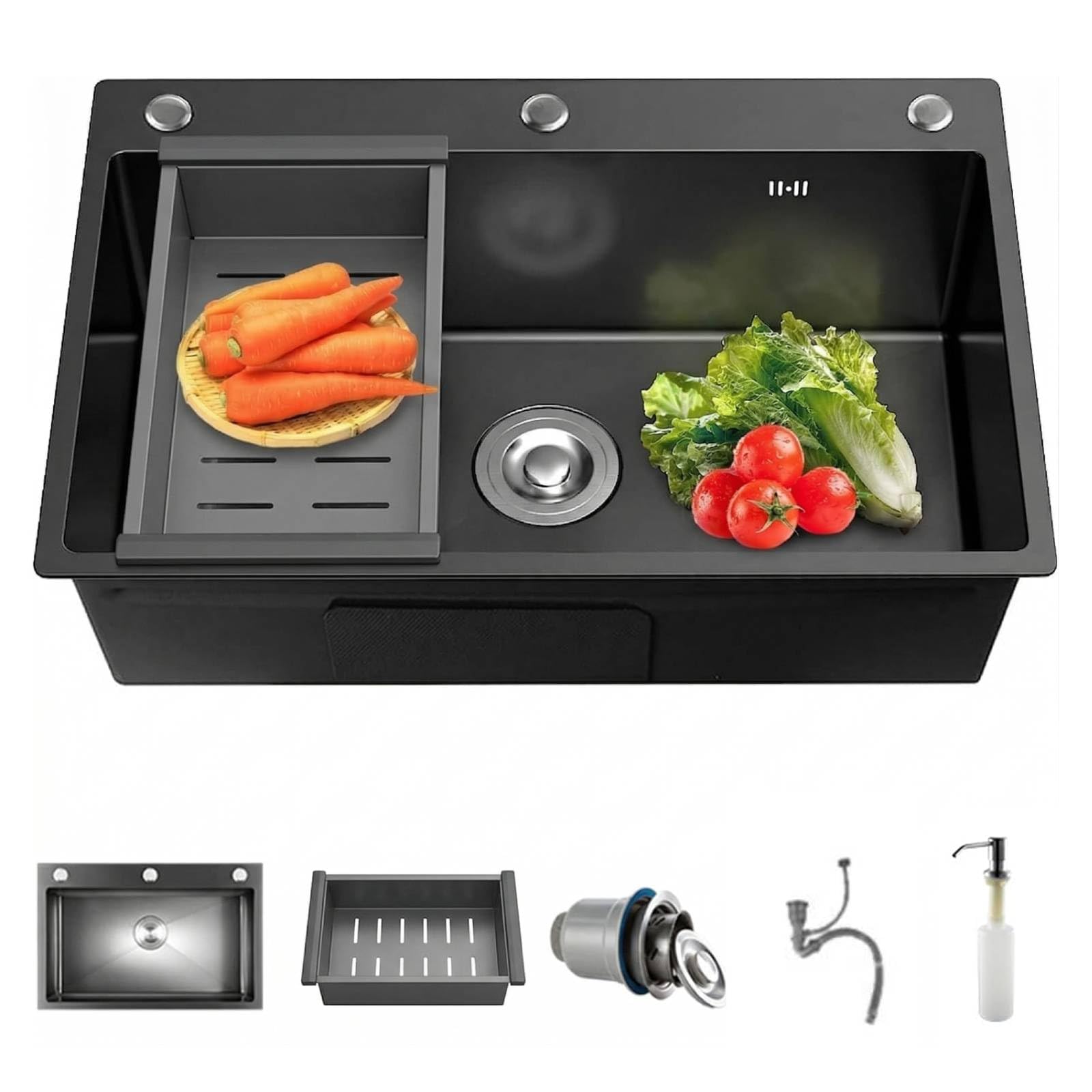 Fregadero de cocina 304 Acero Inoxidable, Fregadero Cocina un Seno Fregadero con Dispensador de Jabón (Negro, 40 * 50cm)