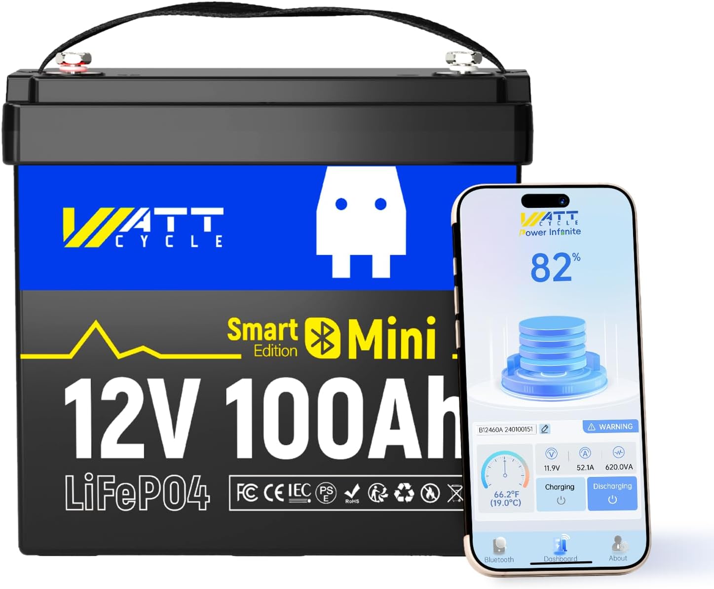 WattCycle 12V 100Ah Mini LiFePO4 Battery, 12V Lithium Battery with 100A Smart BMS, Marine Batteries Built-in Bluetooth & Mobile APP, Low-Temp Protection, Ideal for Trolling Motor, RV, Solar, Off-Grid - Amazon product rated Grade B