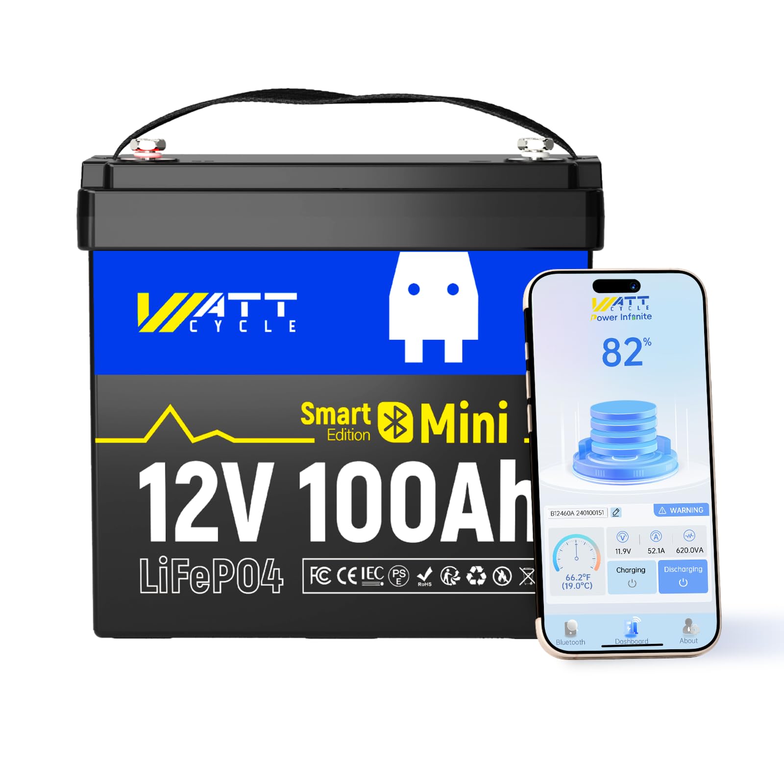 Wattcycle 12V 100Ah Lithium Batterie LiFePO4 avec Bluetooth pour CampingCar