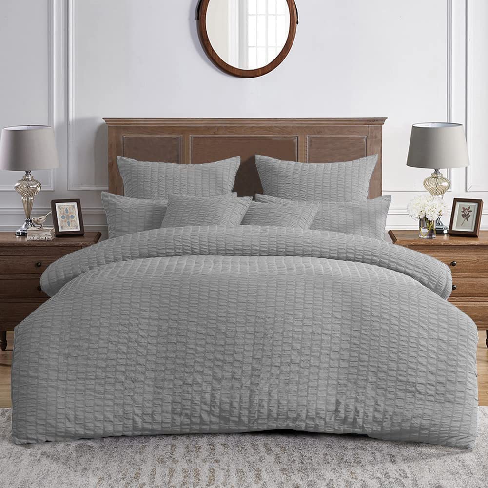 Brit DiamondsSeersucker Duvet Cover Bedding Set 100 Percent Cotton Waffle Quilt Covers with Pillowcases Double King Super King Bed Size (King, Silver)