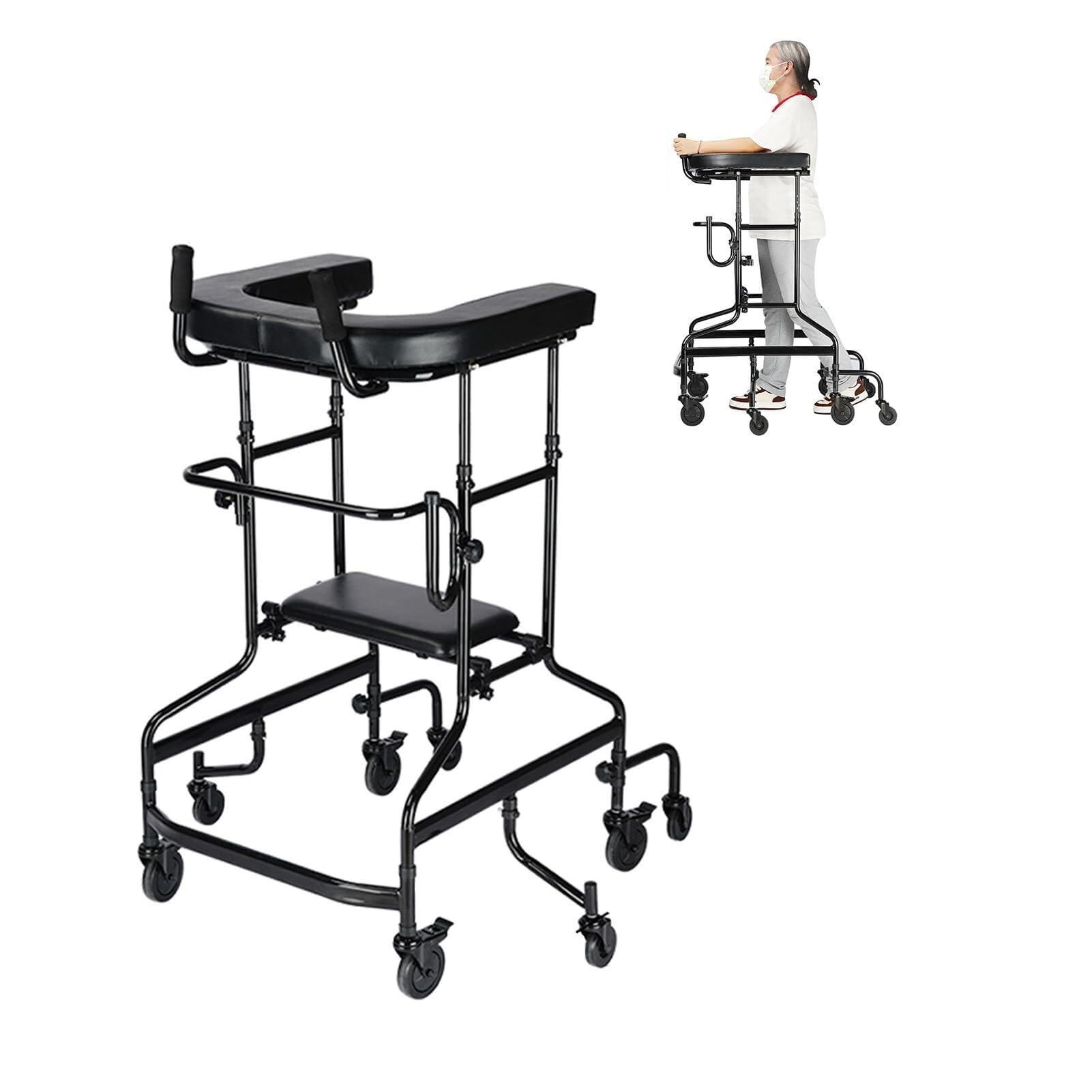 Andador vertical de servicio pesado for personas mayores con asiento for entrenamiento y asistencia de las extremidades inferiores Andador de 8 ruedas negro Ayuda for caminar de pie ajustable