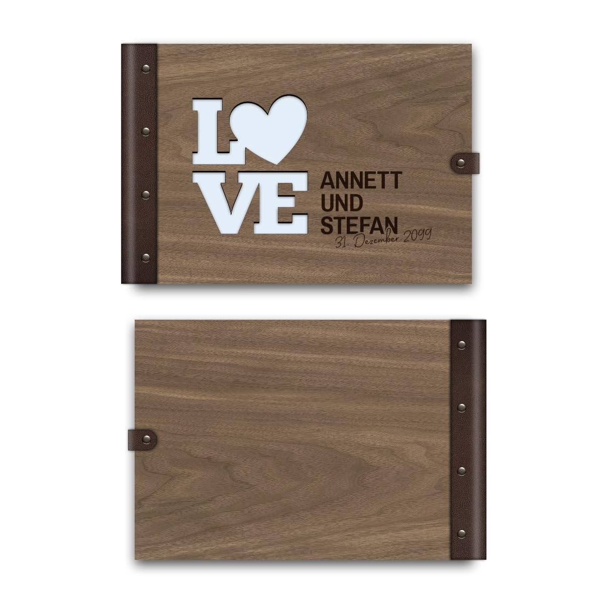 Personalisiertes Hochzeit Gästebuch echtes Holz DIN A4 Hochzeitsbuch mit Lasergravur - Love - mit 72 Blatt / 144 Seiten Naturpapier Weiß