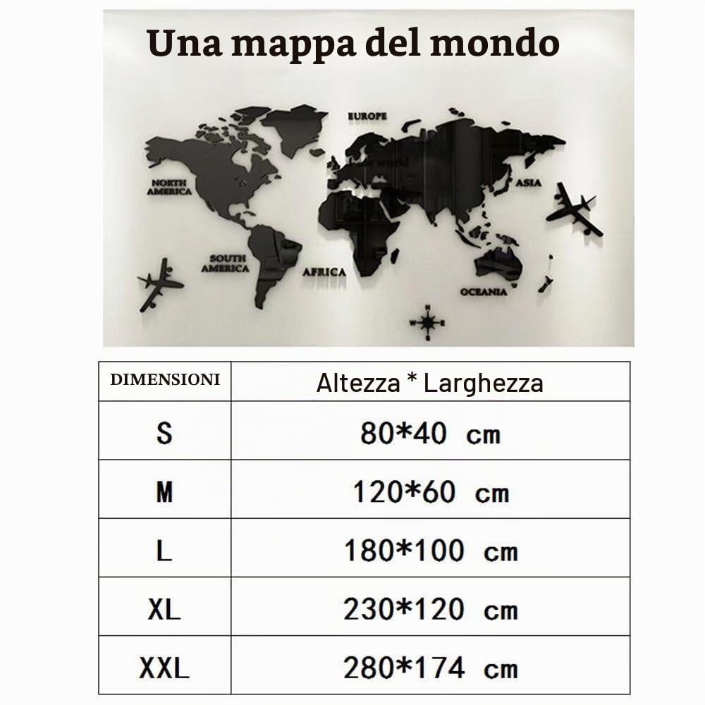 Adesivo Stickers Poster Murali Wall Decorazioni 3D Mirror Art Frasi Scritte Specchio Cartina Per Bambini,Soggiorno,TV Par,Ufficio Mappa del Mondo Adesivi Stickerdecal Murale Nero 180*100cm