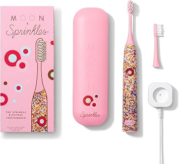 Moon x Sprinkles Sonic Electric Toothbrush, Quiet & Waterproof Rechargeable Toothbrush for Sensitive Gums, 5 Cleaning Modes, 36,000 Vibrations, 6 Week Battery, Includes 2 Brush Heads & Travel Case