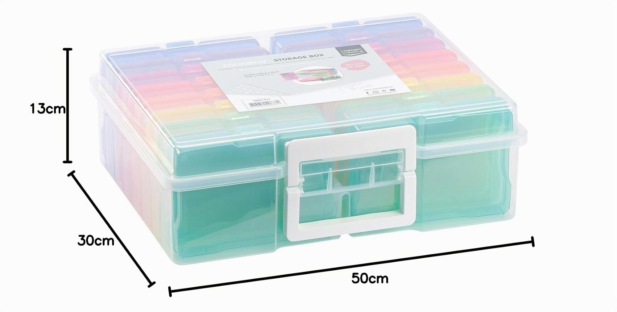 Vaessen Creative Mallette de Rangement Transparente avec Couvercle et 16 Boîtes Colorées, pour Matrices de Découpe, Photos et Autres Fournitures de Loisirs Créatifs, 37,50 x 30 x 13 cm