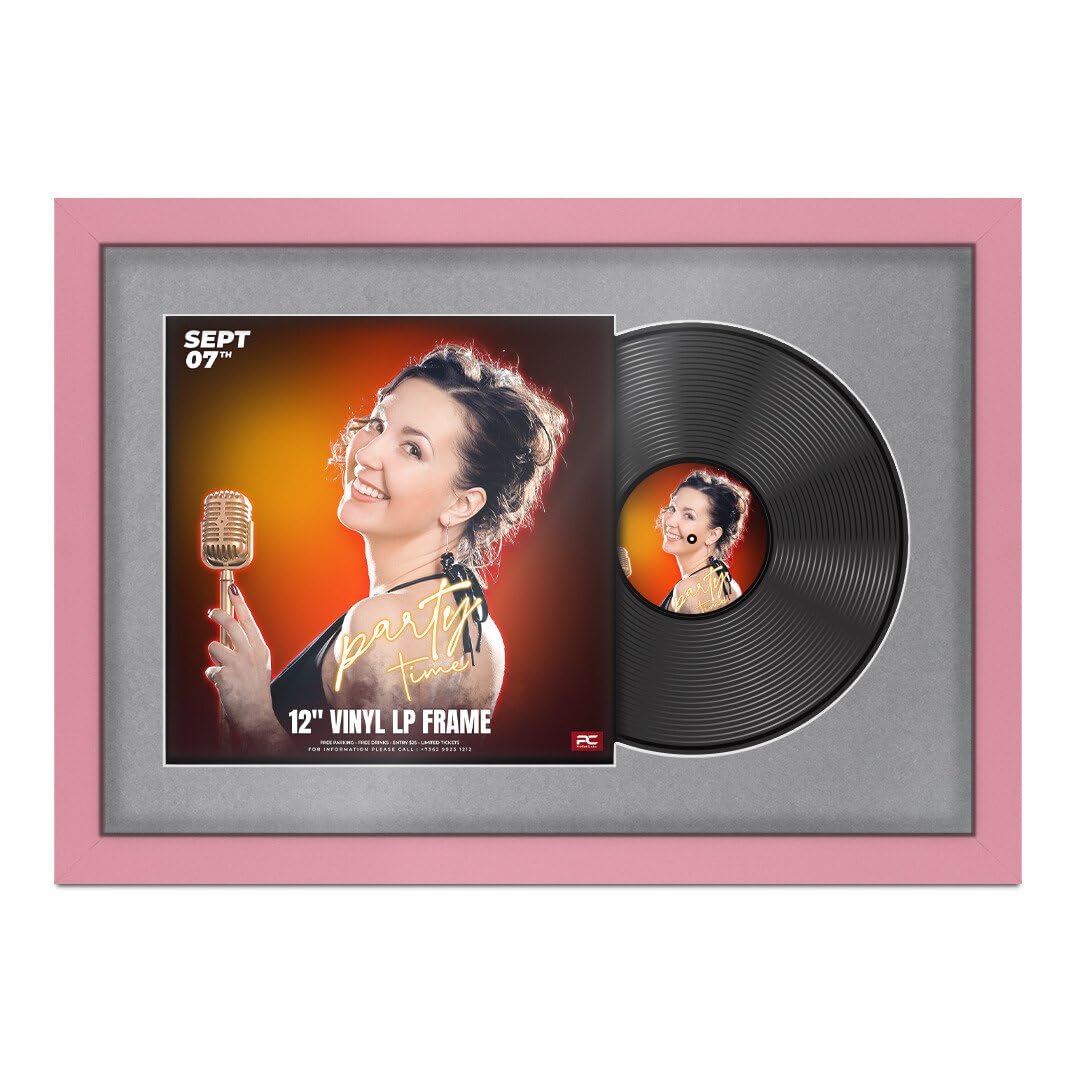 Procut Global 25x17" Pink Vinyl Record Frame for 12 Inch LP Cover & Disc - Display Modern Photo Frame with Overlapped Design-Engineered Wood, Shatterproof Perspex - Mid Grey Mount