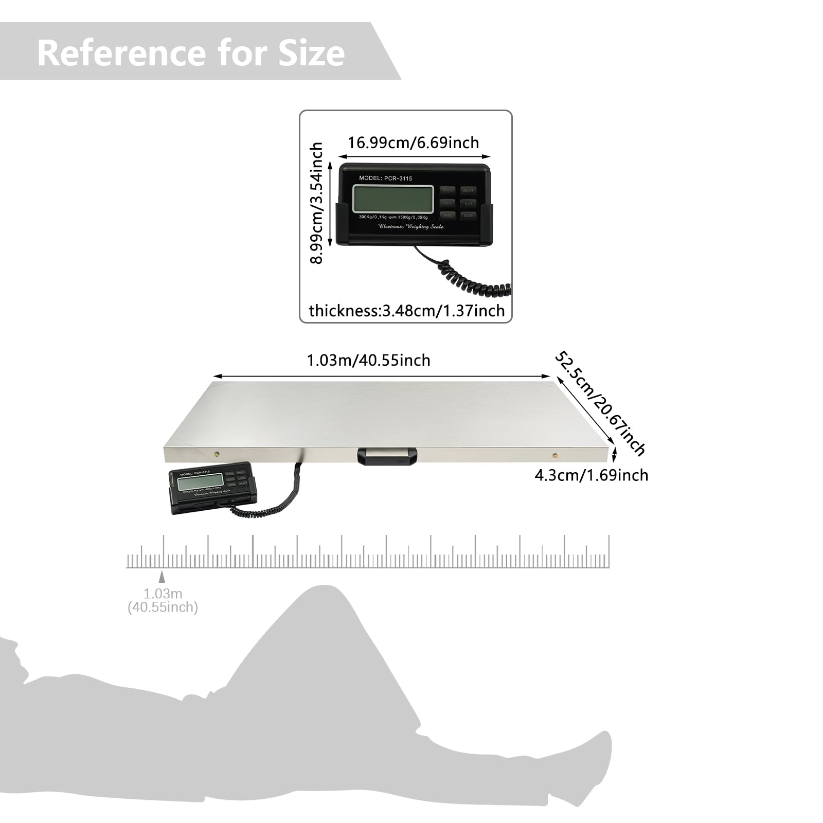 Bilancia per animali, 300 kg, 103,5 x 53 cm, display digitale LCD, in acciaio inox, grande piattaforma resistente, bilancia veterinaria con alimentatore, batterie, monitor LCD per animali domestici