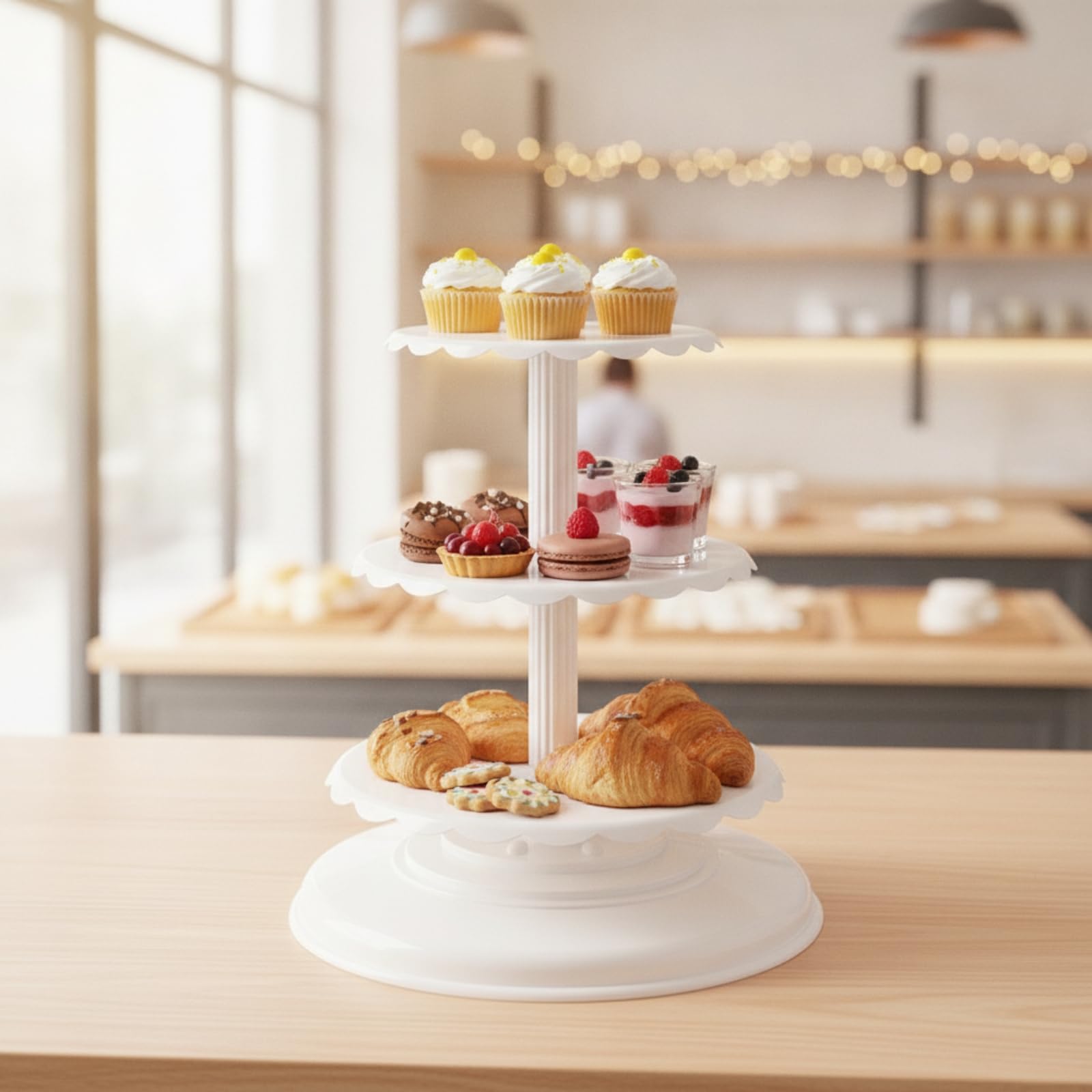 Support à Pâtisseries à Trois Niveaux avec Base Ron Large et Stable pour Exposer Gâteaux et Tartes Lors Réunions, Blanc, Trois Couches pour [6/8/10 Pouces] Espacement 18cm