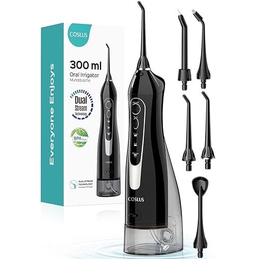 COSLUS Water Dental Flosser Teeth Pick: Portable Cordless Oral Irrigator 300ML Rechargeable Travel Irrigation Cleaner IPX7 Waterproof Electric Waterflosser Flossing Machine for Teeth Cleaning F5020E