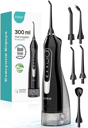 COSLUS Water Dental Flosser Teeth Pick: Portable Cordless Oral Irrigator 300ML Rechargeable Travel Irrigation Cleaner IPX7 Waterproof Electric Flossing Machine for Teeth Cleaning C20(F5020E) - Black