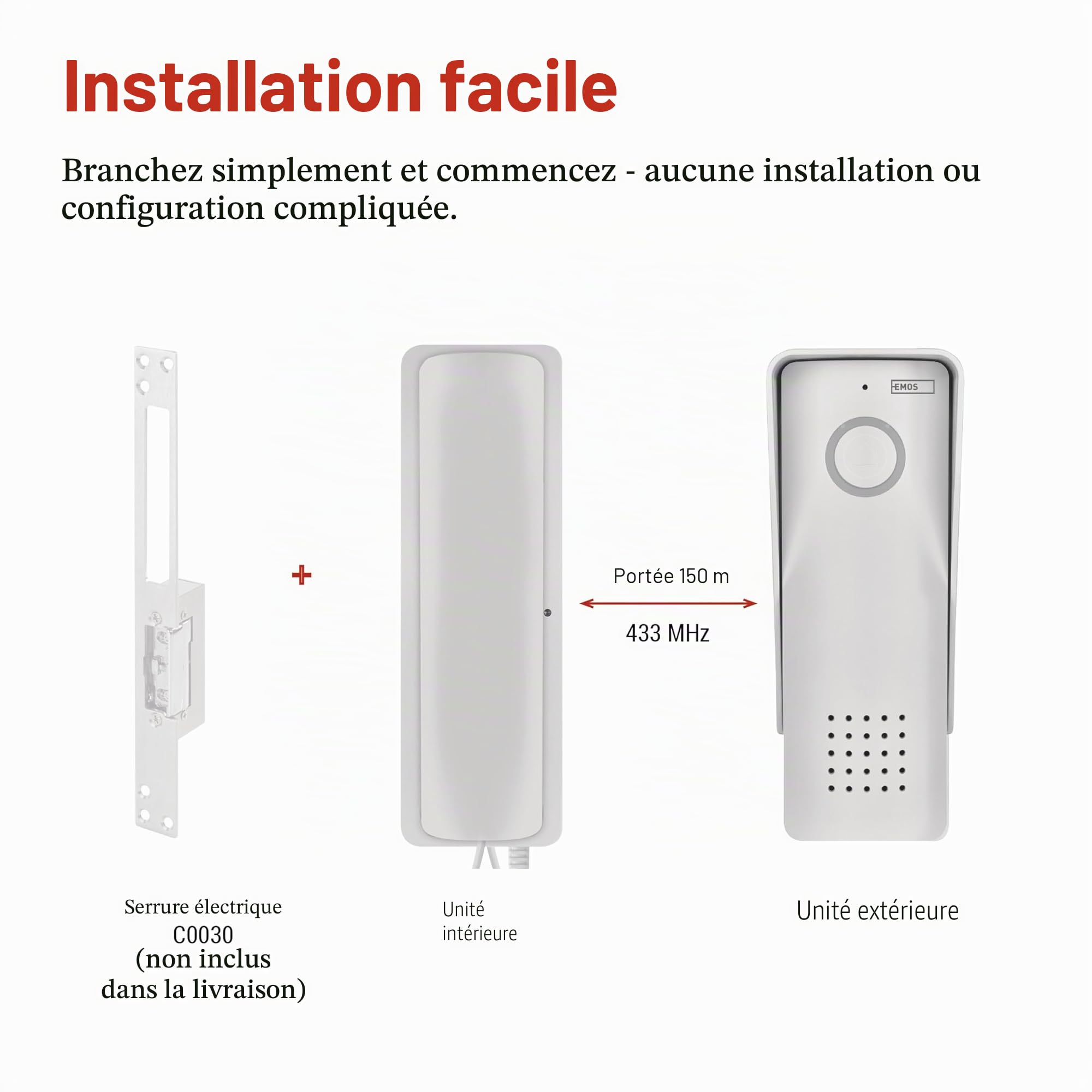 EMOS - Kit d'interphone Audio sans Fil - Connexion sans Fil - Design élégant - Kit Audio/interphone avec possibilité d'ouvre-Porte - Facile à Utiliser - Prise d'alimentation (230V/12V) - Blanc