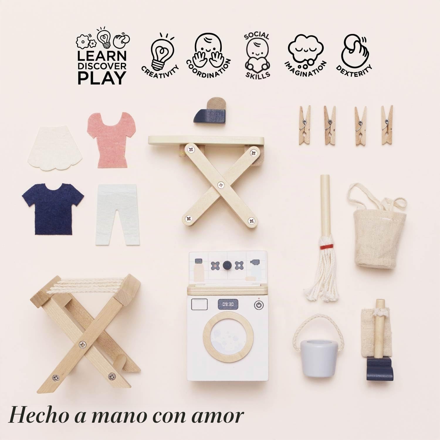 Le Toy Van - Set Lavadero de madera con accesorios | Set accesorio de casitas de muñecas de madera colección Daisylane | A partir de 3 años +
