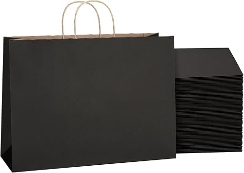 SHOPDAY Bolsas de papel negro con asas de 16 x 6 x 12 pulgadas, paquete de 25 bolsas de papel kraft grandes a granel, bolsas de compras, bolsas de
