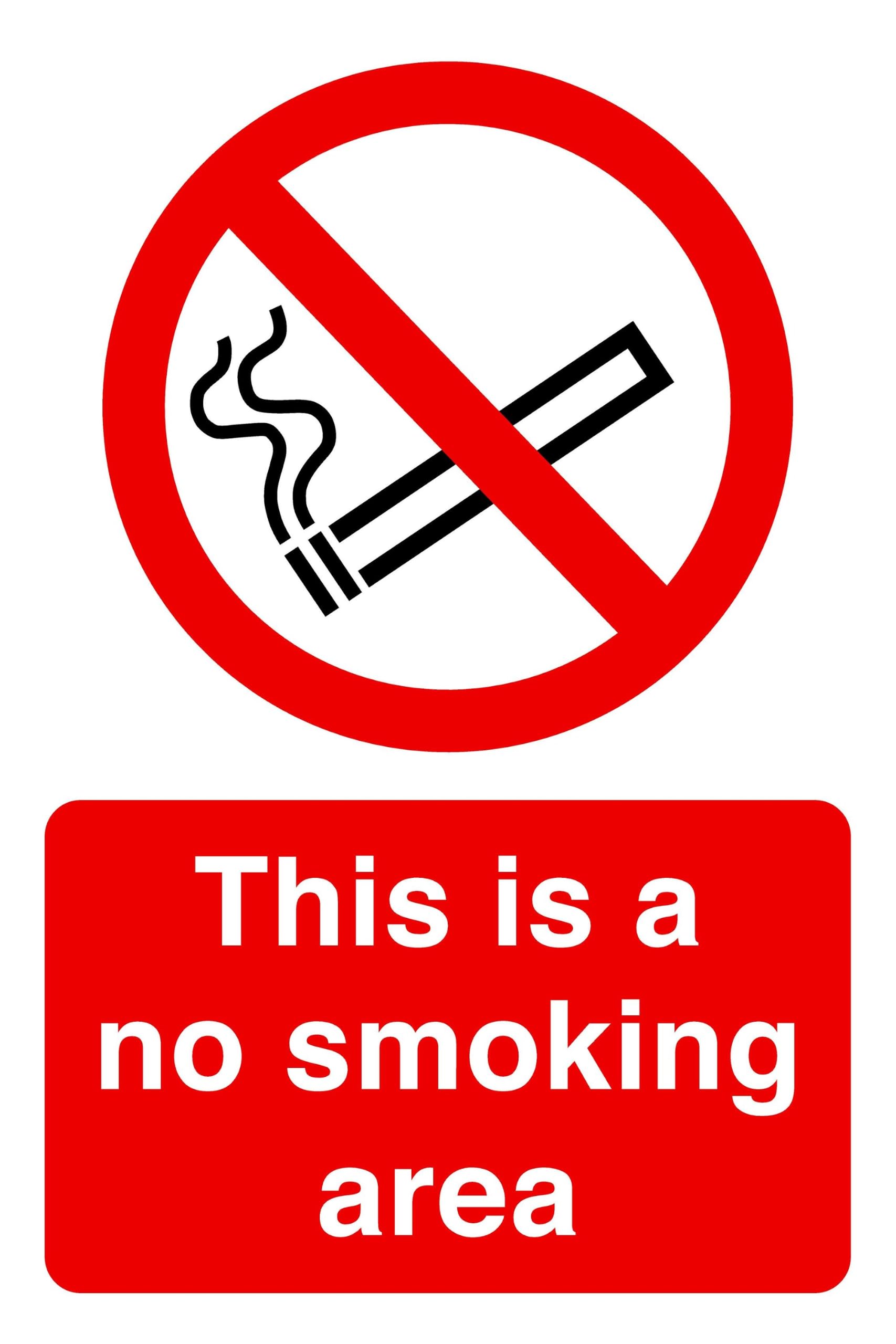 This is a no smoking area safety sign - High tack self-adhesive sticker (400mm x 300mm) Viewing Distance within 14m.