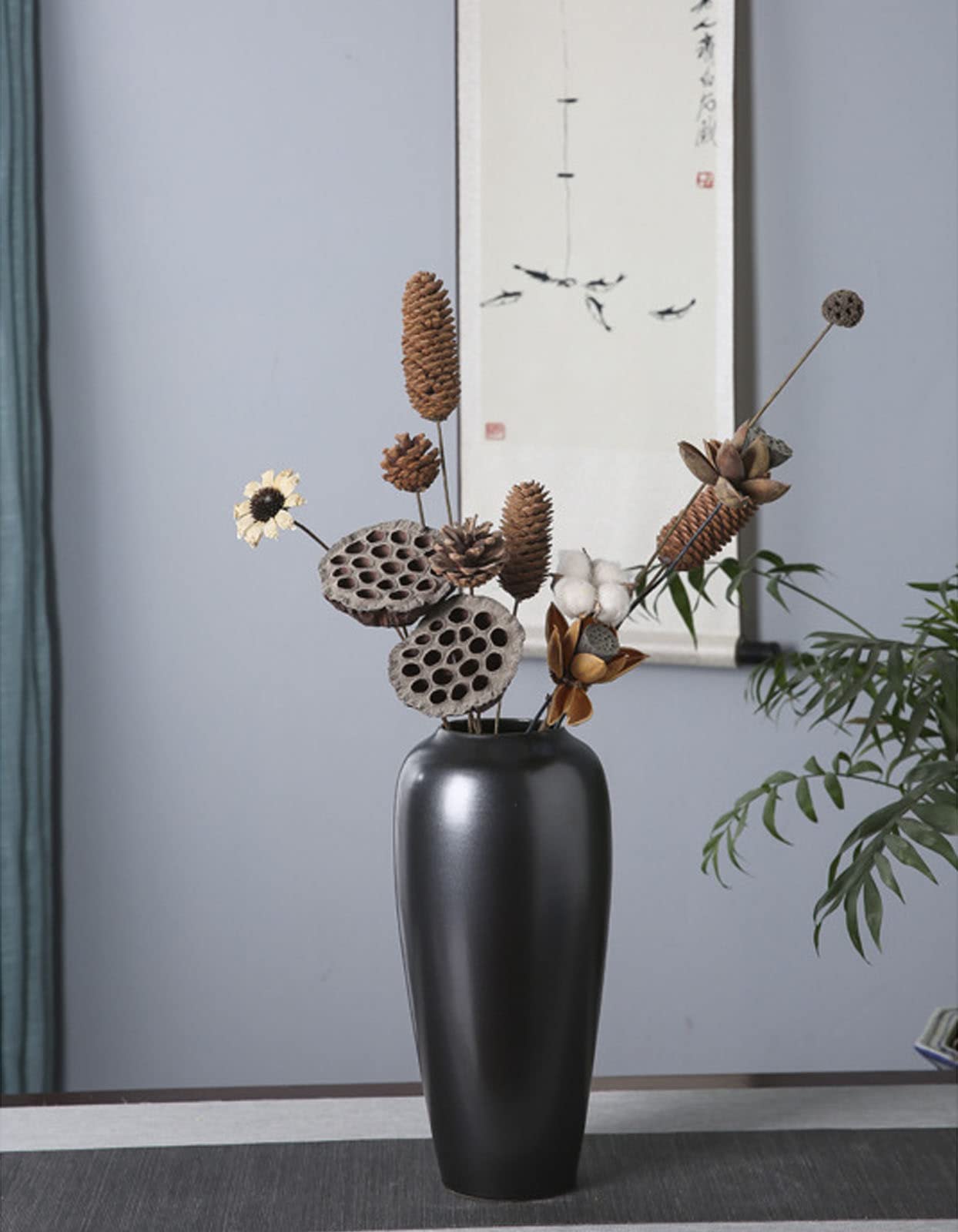 Amazon.co.jp: ヴィンテージセラミック黒花瓶、パンパスグラス、ドライ