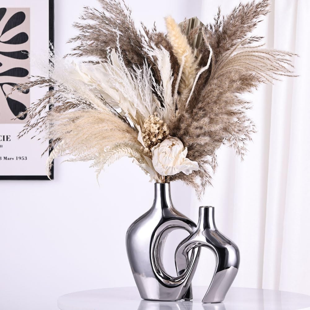 Juego de 2 jarrones de cerámica Huecos Plateados, jarrones Modernos de Estilo Bohemio nórdico para decoración de Bodas, Sala de Estar, Oficina, Entrada, centros de Mesa de Comedor