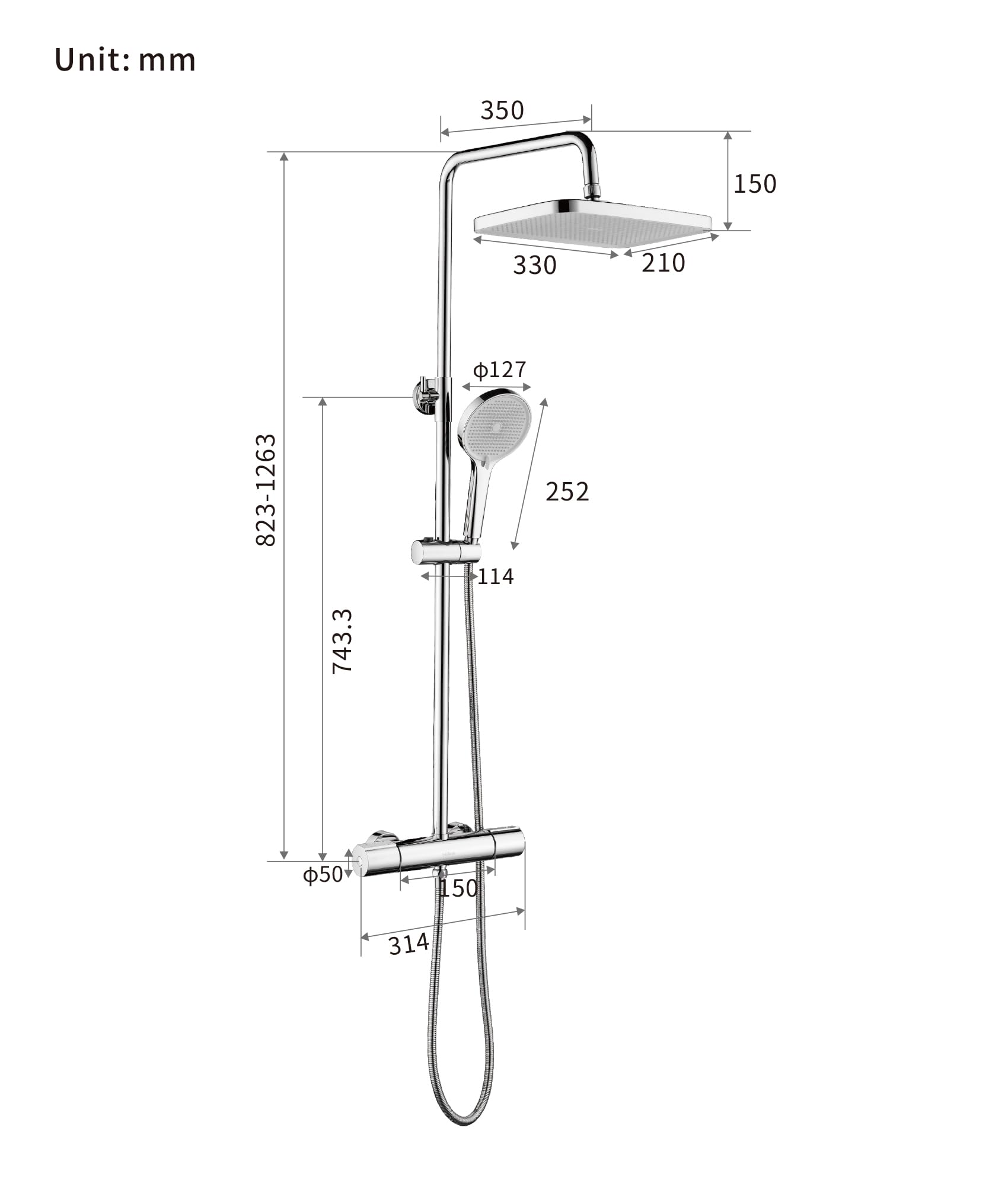 Juego completo de termostato de ducha de lluvia, grifo de ducha de acero inoxidable con alcachofa superior de 30 cm, barra de ducha regulable en altura de 83 – 126 cm, 3 tipos de chorro, alcachofa de
