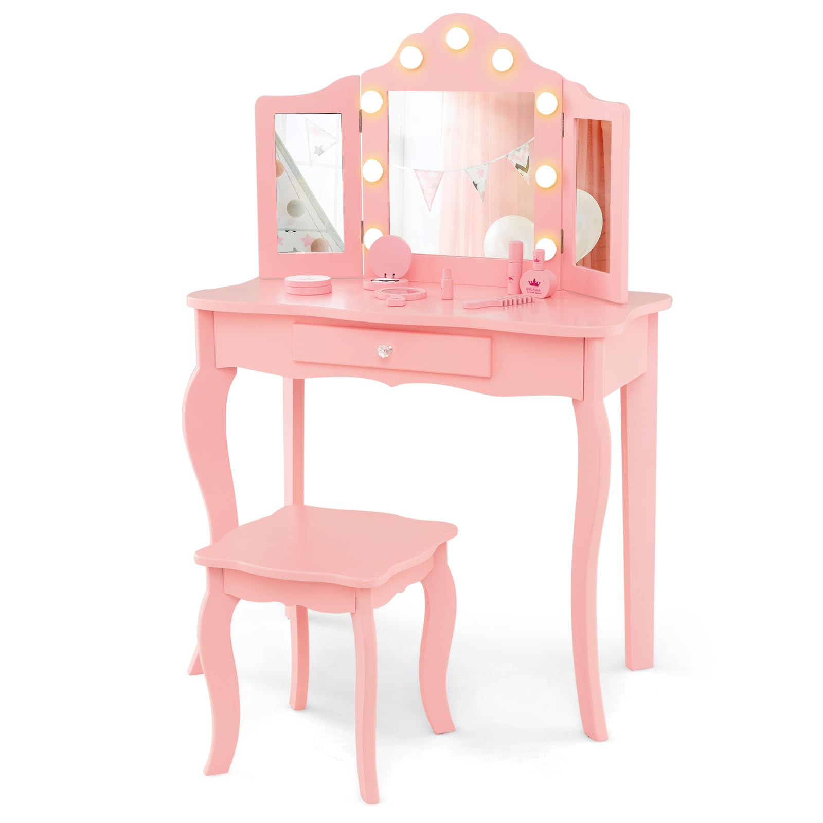 RELAX4LIFE Toeletta Trucco per Bambina con 9 Lampadine LED, 3 Colori di Luci, Specchiera Trucco con Sgabello, Toeletta in Legno, Specchio Rimovibile, per Bambini 3+ Anni (Rosa, L)