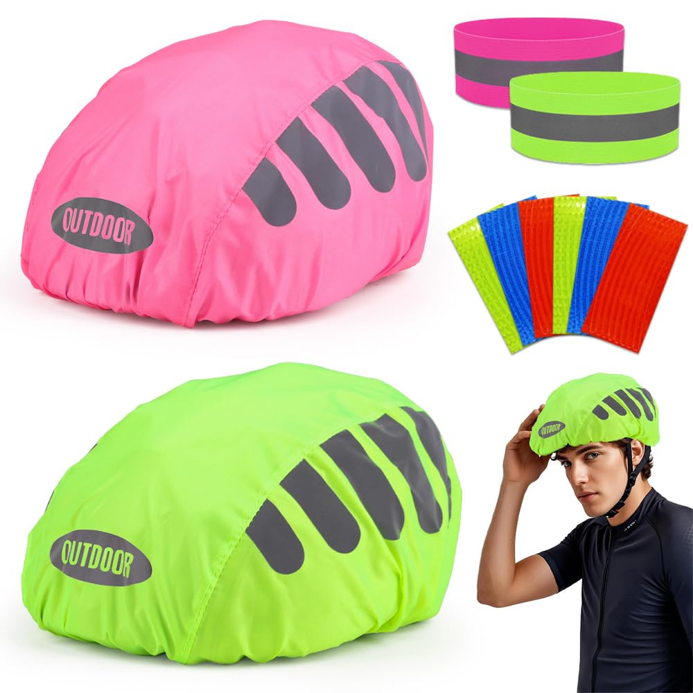 2 sztuki kasku rowerowego, ochrona przed deszczem, kask rowerowy z 2 fluorescencyjnymi paskami i 4 odblaskowymi nakładkami rowerowymi, wodoszczelny pokrowiec na wszystkie kaski