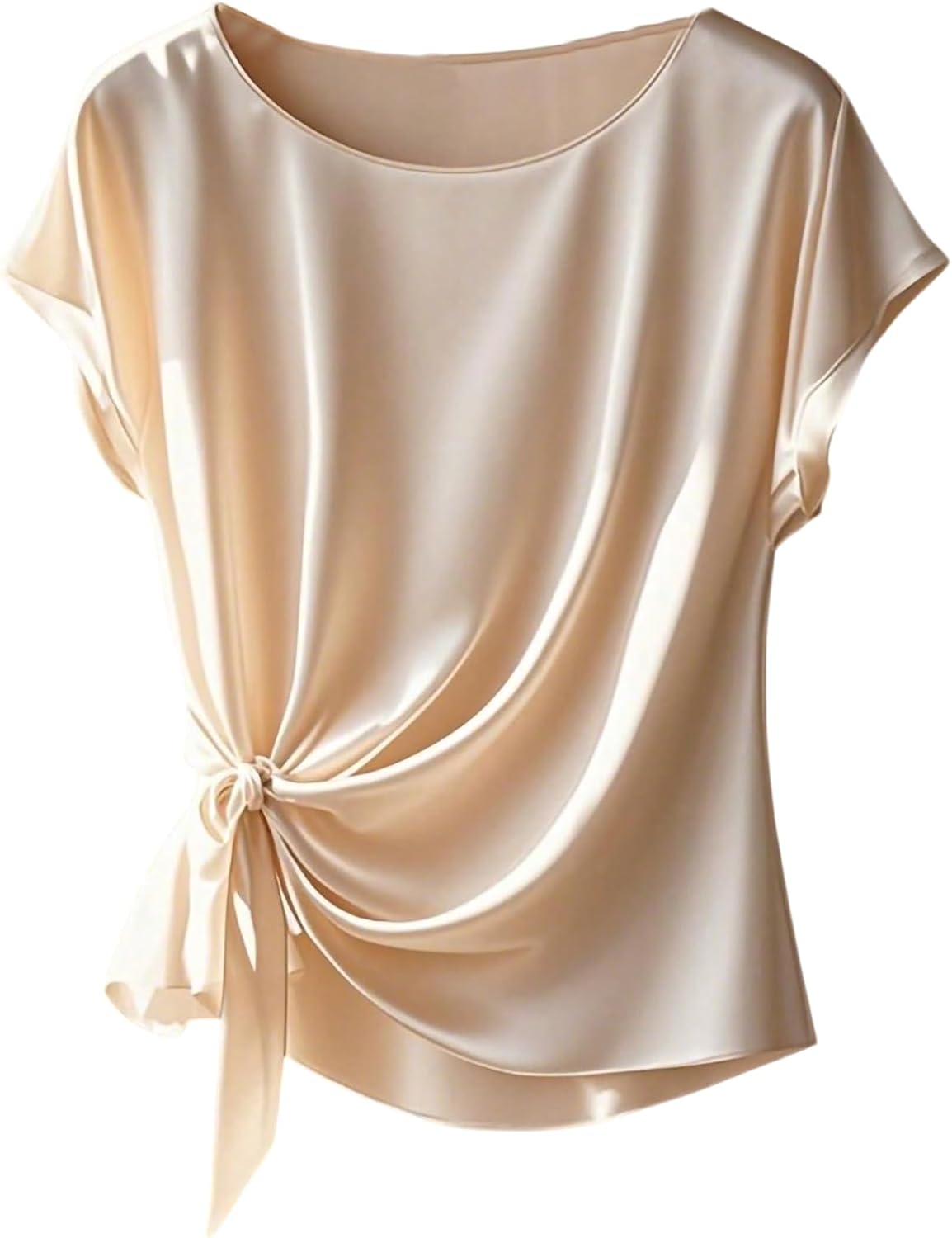 SHENHE Women's Satin Short Sleeve Blouse Side Tie Knot Loose Fit Casual Dressy Tops