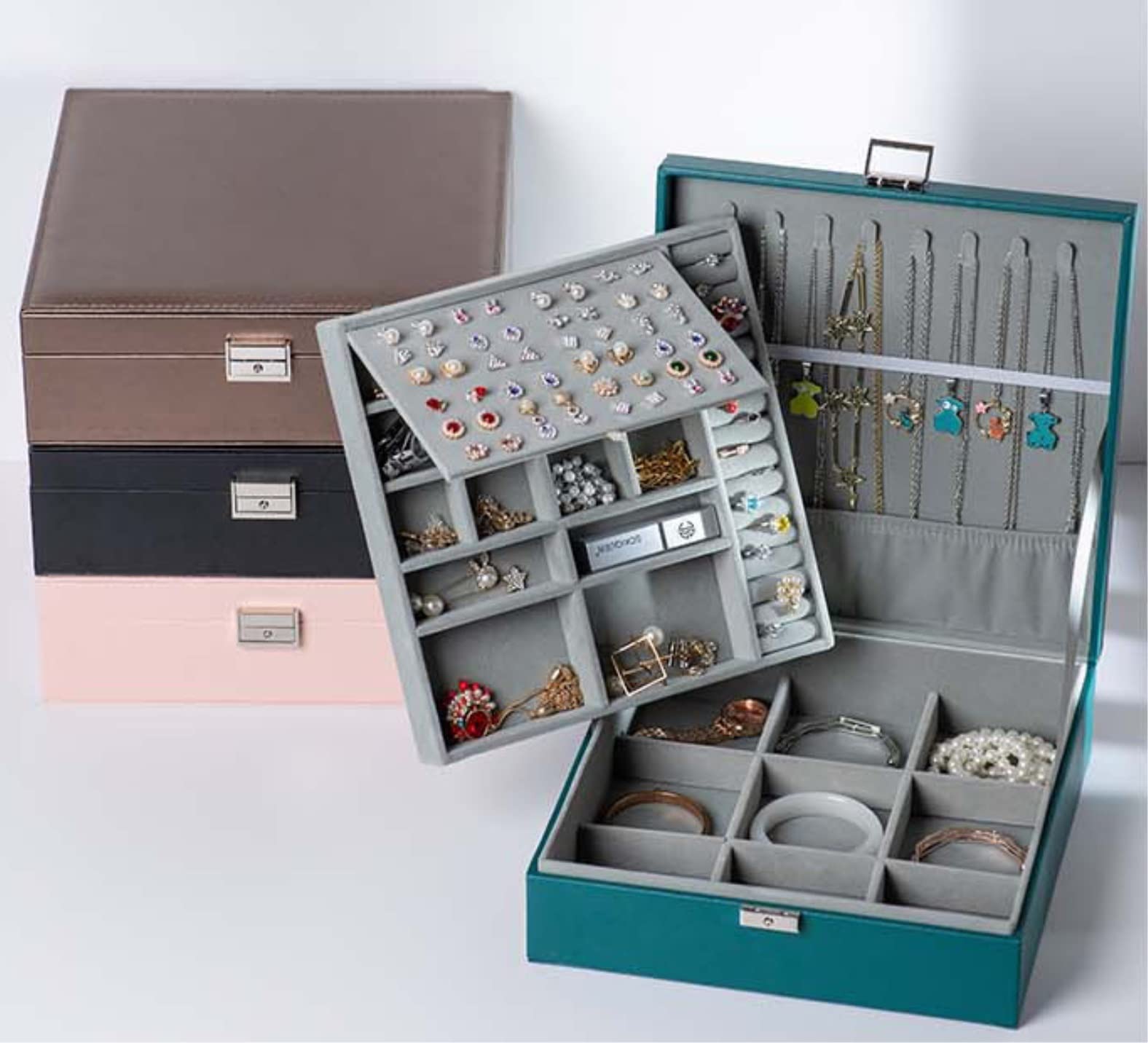 Caja De Joyería Joyero de Viaje de Cuero PU de Lujo, Organizador de Doble Capa, Vitrina para niñas y Mujeres, Almacenamiento de Anillos de Regalo Organizador De Joyas(Pink)
