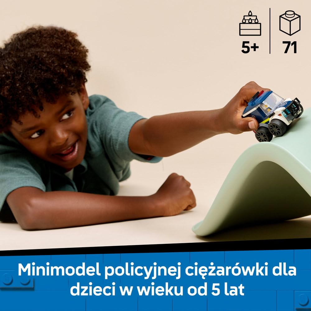 LEGO City Pojazdy — Ciężarówka policyjna, pojazd ratunkowy, zabawka dla dzieci z minifigurką małego policjanta, pomysł na prezent dla 5-latka na urodziny, klocki dla chłopca i dziewczynki 60481