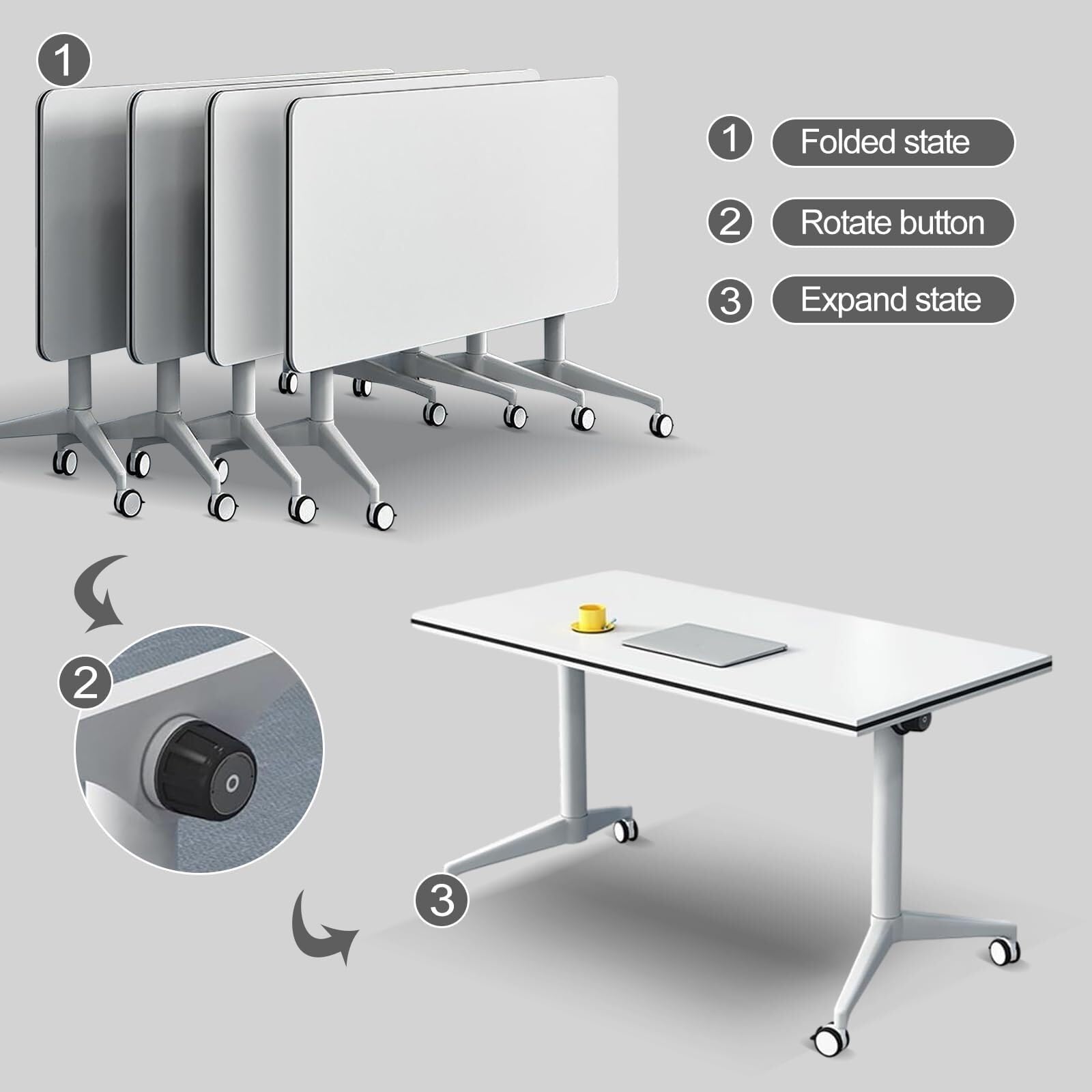 Klappbarer Konferenztisch, moderner, 1,80 m großer, weißer Meeting-Klapptisch mit großer mobiler Trainings- und Seminarkonsole mit leisen Rädern für Büro, Klassenzimmer, 4-teilig, 120 x 60 x