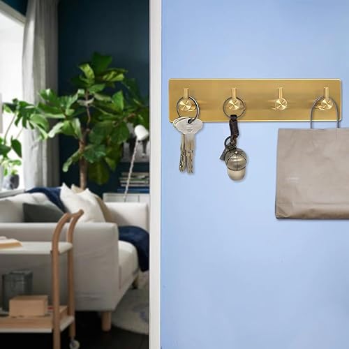 Miniatura 3 de Perchero autoadhesivo para llaves con 4 ganchos para llaves, máscaras, entrada de pared, colgador de pasillo, color dorado
