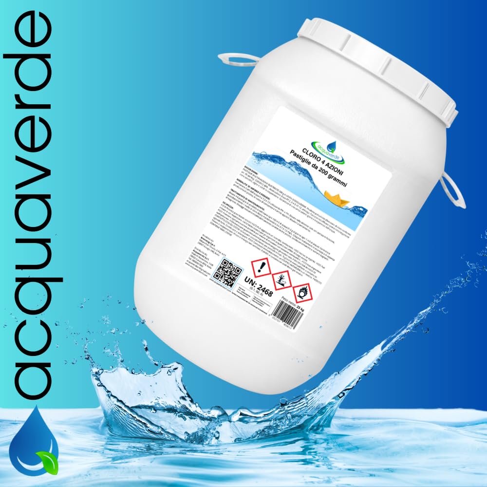 acquaverde | Cloro 4 AZIONI in Pastiglie da 200 grammi - 25 kg di Multiazione per Piscina, Trattamento Multifunzione: Clorante, Antialghe, Stabilizzante del Ph e Flocculante per Acqua di Piscine