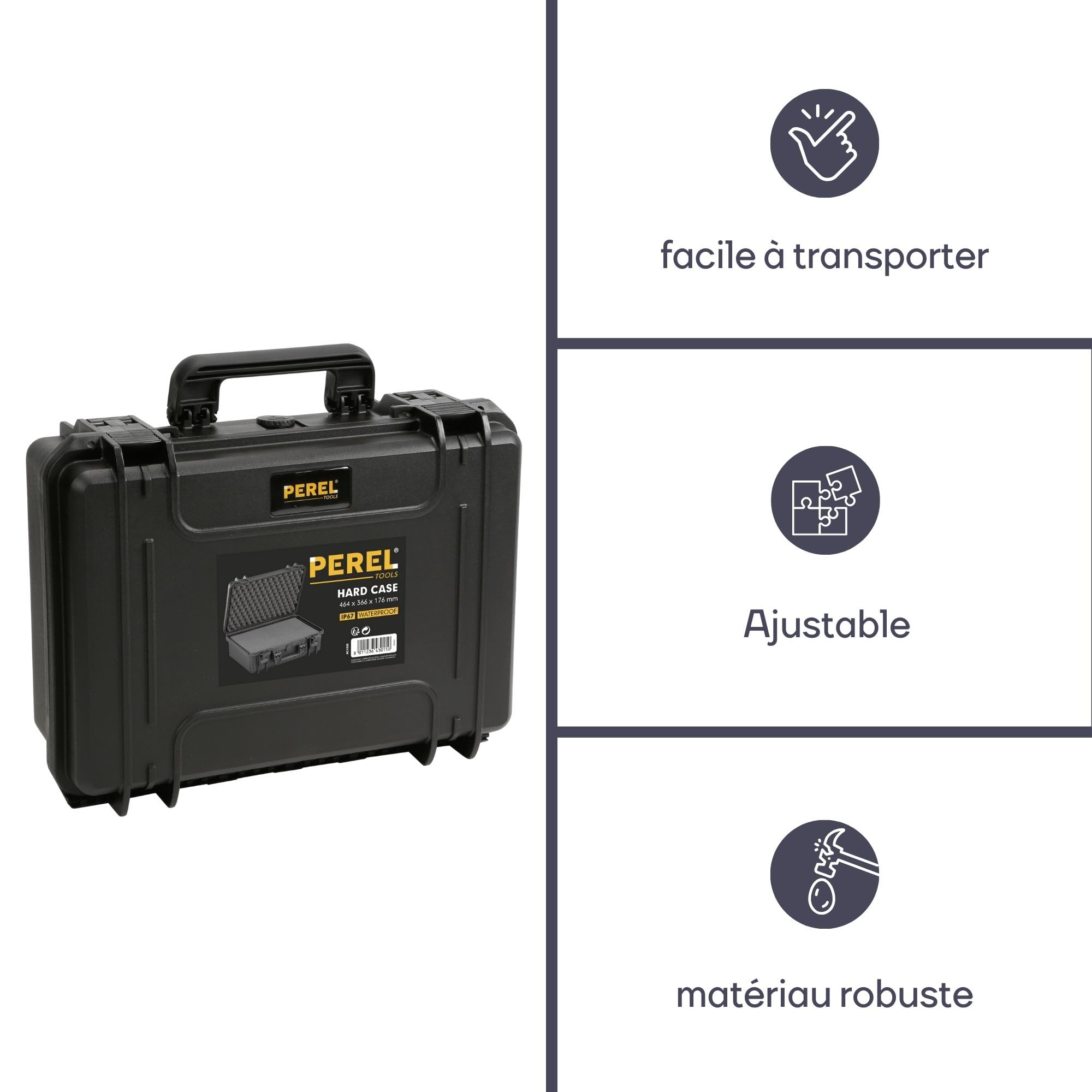 Perel Valise de protection étanche IP67 464 x 366 x 176 mm, avec mousse prédécoupée et mousse alvéolée, mallette hermétique pour outils, électronique, caméra et instruments de mesure