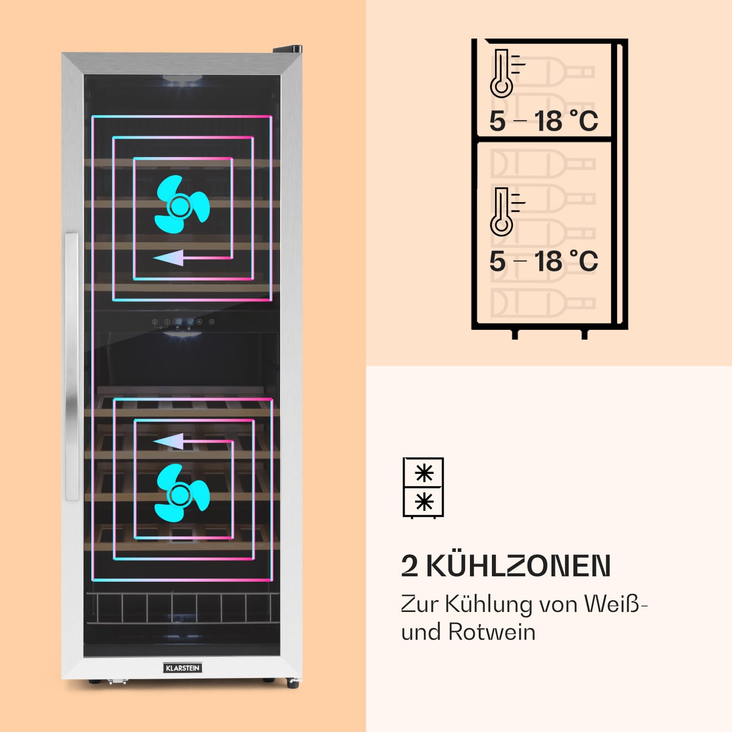 Klarstein Weinkühlschrank 2 Zonen 54 Flaschen 5-18°C LED-Beleuchtung Freistehend Glastür