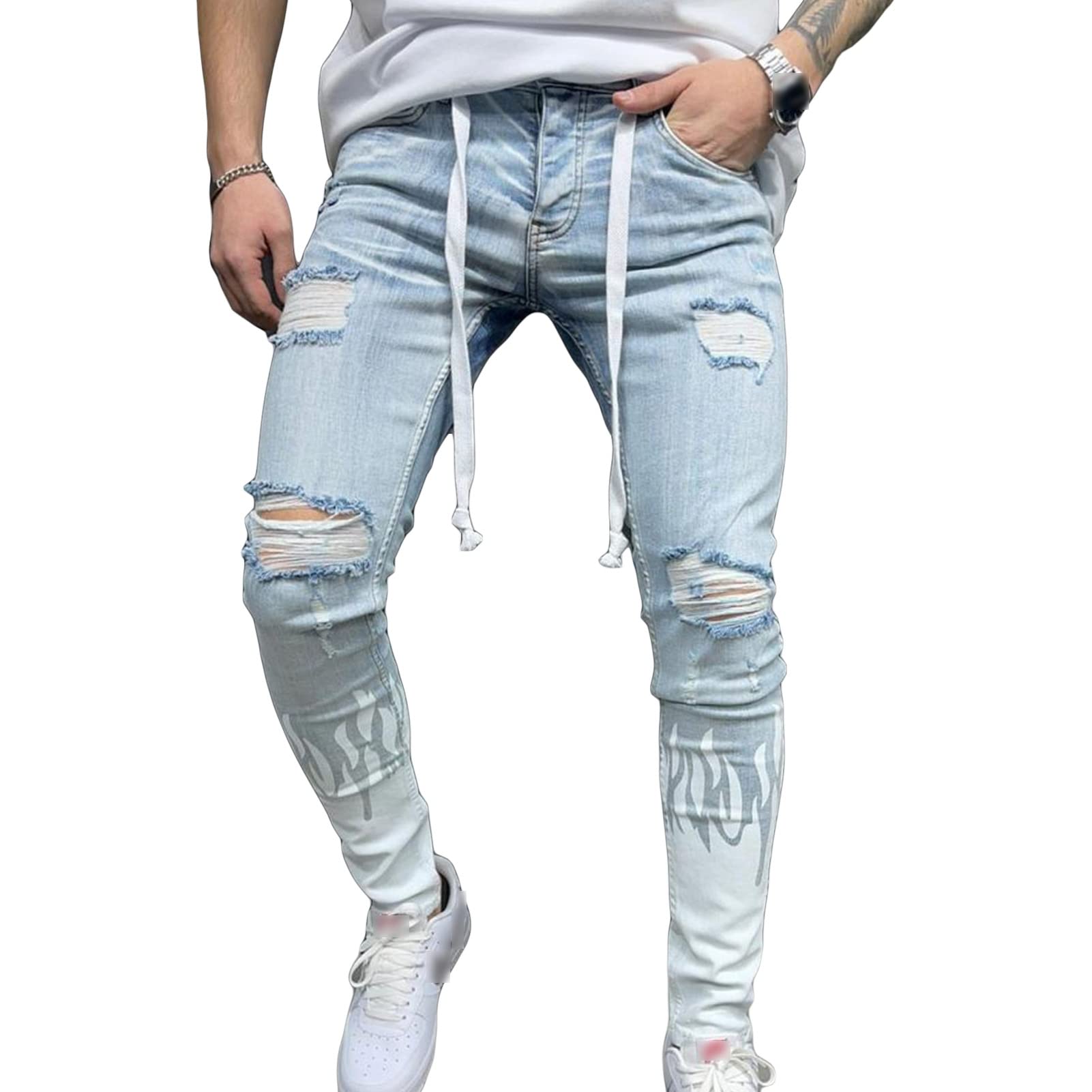 Maiyifu-GJ Men's Ripped Multi Pockets Jeans Slim Fit Skinny Stretch Jean Pant Washed Distressed Biker Denim Pencil Pants (White,Small)