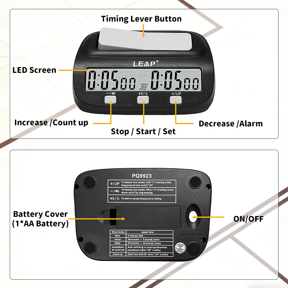Orologio da Scacchi, Professionale Timer Scacchi con Display, Conteggio Alla Rovescia/Bonus/Ritardo, 3 Pulsanti di Controllo, Design da Competizione Timer per Tornei e Giochi da Tavolo (Nero)