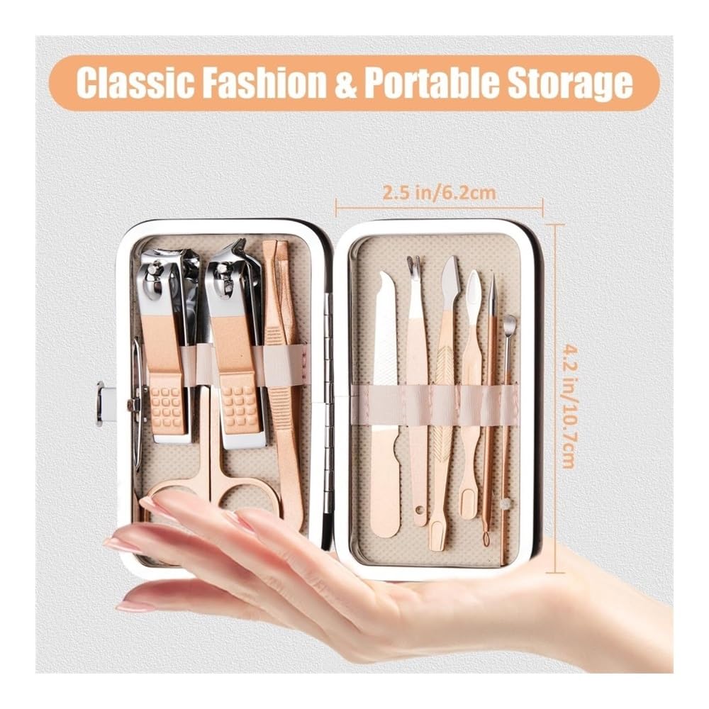 Cortaúñas, Set de manicura de Acero Inoxidable 10 en 1 con Estuche de Cuero, Kit de uñas de Regalo para Viajes