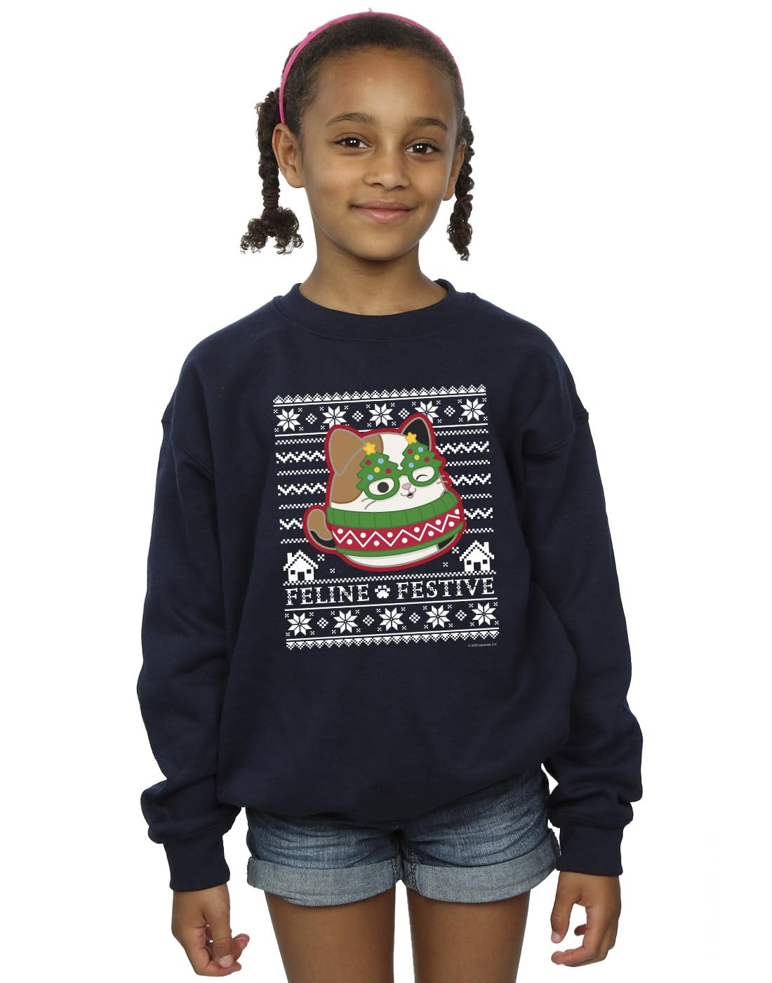 Absolute Cult Girls Navy Blue Squishmallows Cam Cat Fair Isle Sweatshirt 9-11 Years