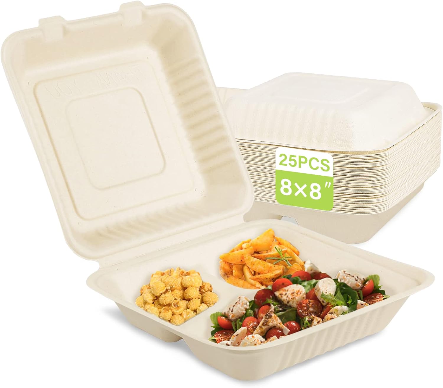Product Review for greensight Compostable Take Out Food Container 8X8, With 3 Compartments 25 Pack Disposable Clamshell Food Containers, Heavy Duty To Go Boxes, Eco-Friendly Biodegradable Made From Sugarcane Fibers, with the price of : $12.99,Based on the following description : Perfect for any occasions: Taking out food in our carry out containers is a convenient and tasty way to serve the whole meal. They can be taken camping, picnicking, for lunch, catering, for BBQs, for parties, for weddings, and many other occasions.,Convenient for food storage: For families, our disposable take out food containers are excellent for packing lunches for work, and no need to worry about forgetting to bring them back home and wasting time cleaning. Great for storing both daily meals and leftovers from parties too.,Environment friendly for earth: These take out boxes are made from 100% sugarcane fiber, a sustainable, biodegradable, compostable material, and can be directly tossed into your compost bin after use. They're an eco-friendly alternative to plastic and foam containers.,Heavy duty for food contain: Our takeaway food container is great for containing salads, sandwiches, burgers and etc. It has a double-lock closure and is tightly sealed to keep food from leaking out. It's easy to use and can be carried anywhere.,Friendly for hot and cold use: Our Clamshell takeout containers can handle hot and cold foods, and they're microwaveable & freeze-proof, as well as oil-resistant and cut-resistant. Note: Hot foods can lead to condensation at the bottom of the container., and and average Review : 4.5 out of 5, and the following summary of users reviews: Customers like the sturdiness, functionality, and compostability of the food storage containers. They mention they're biodegradable, work great to send guests home with extra food from parties, and are a good quality eco-friendly option. Some also like the container size. However, some customers have reported that the containers leak and have mixed opinions on the size. AI-generated from the text of customer reviews