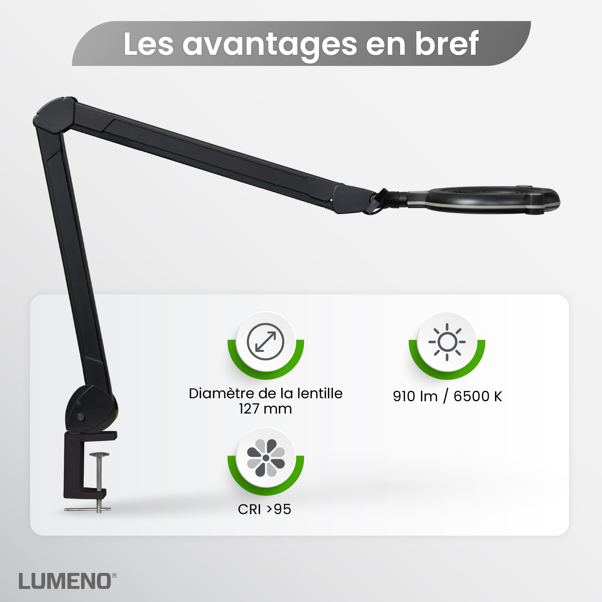 Loeplamp-3 dioptrie- LUMENO-tafelvoet-tafelklem | Loeplamp tafelmodel