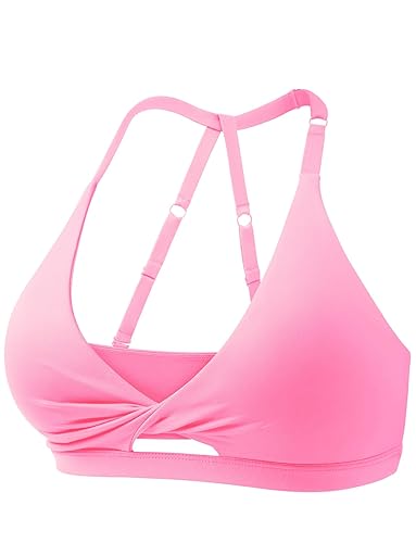 VOYJOY Workout Sports Bras for Women Padded Backless Strappy Fitness Wireless Gym Medium Impact Bra Yoga Crop Top - X-Small - Pink