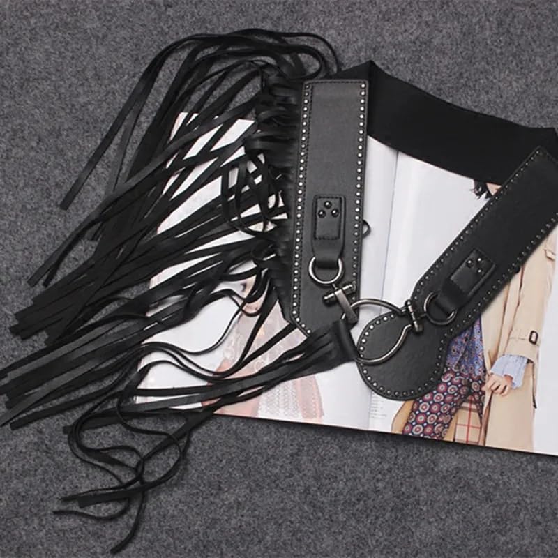 Earthradius Punk Style Leather Tassel Skirt with Fringe Leather Rivet Wide Waistband Belt for Dresses Skirt Trousers4