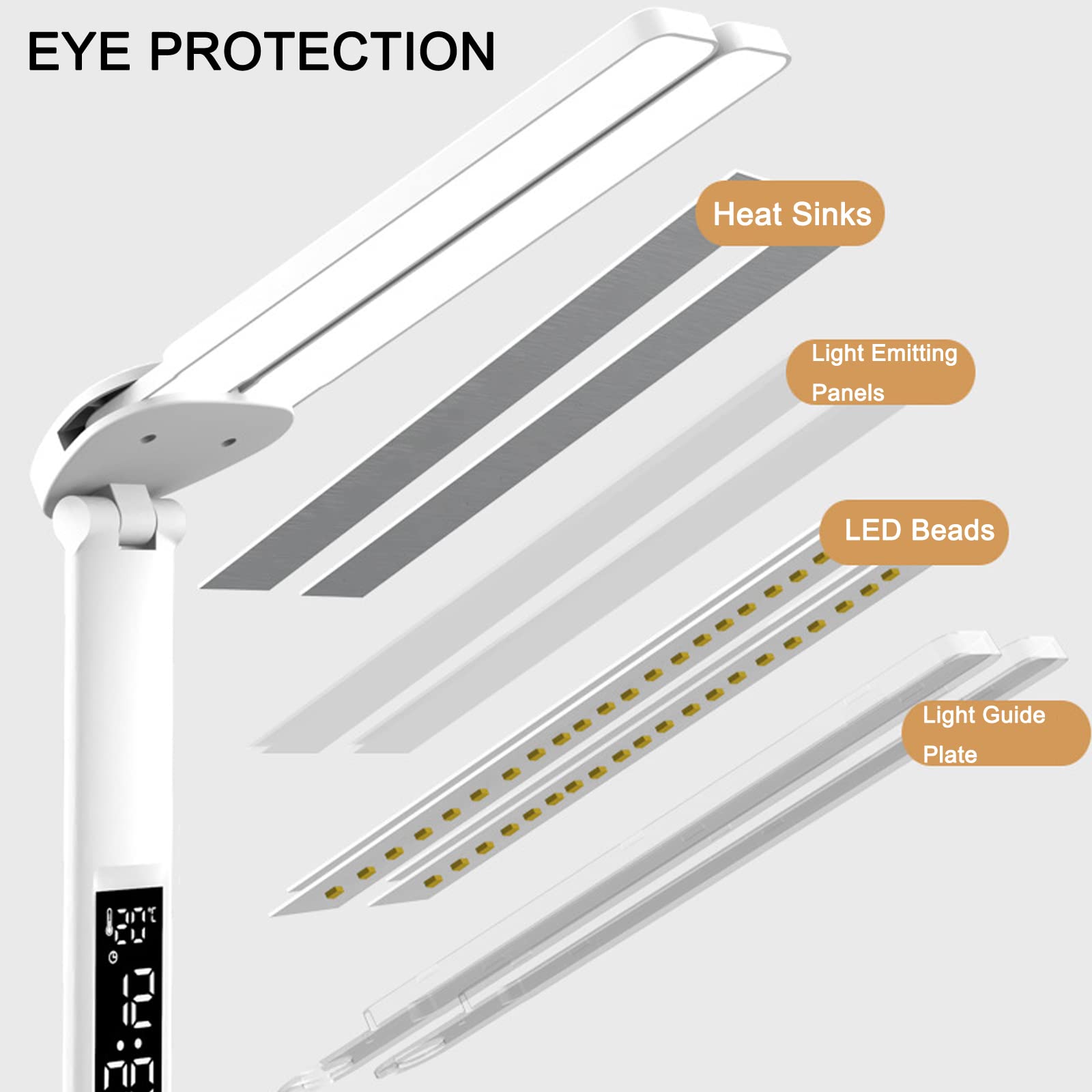 Lampe de Bureau Sans Fil à LED pour Enfant avec Heure Calendrier Température 2 Porte Stylo, 7W Double Tête Desk Lamp Dimmable 3 Modes de Couleur, Contrôle Tactile Protection des Yeux, Blanche