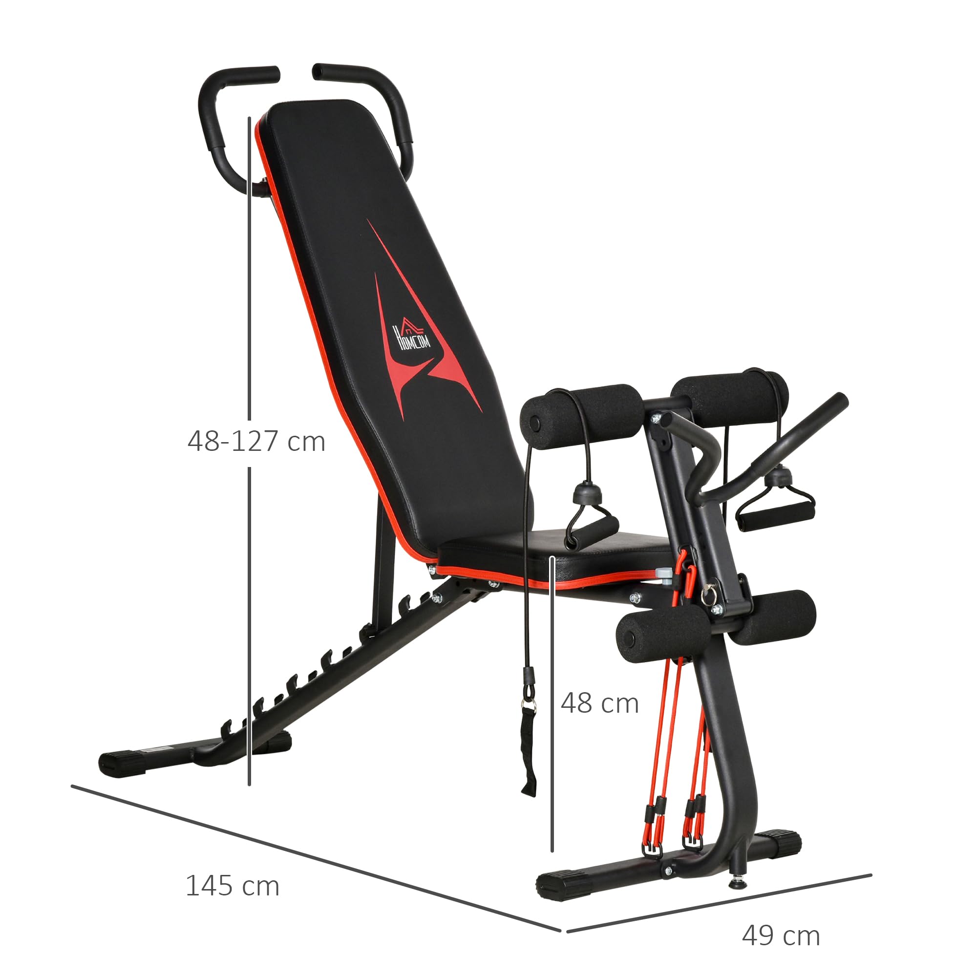 HOMCOM Ławka treningowa regulowana ławka treningowa z elastyczną gumą ławka do ćwiczeń w domu 6 stopni nachylenia oparcia waga do 150 kg stal czarny+czerwony 145 x 49 x 57-127cm