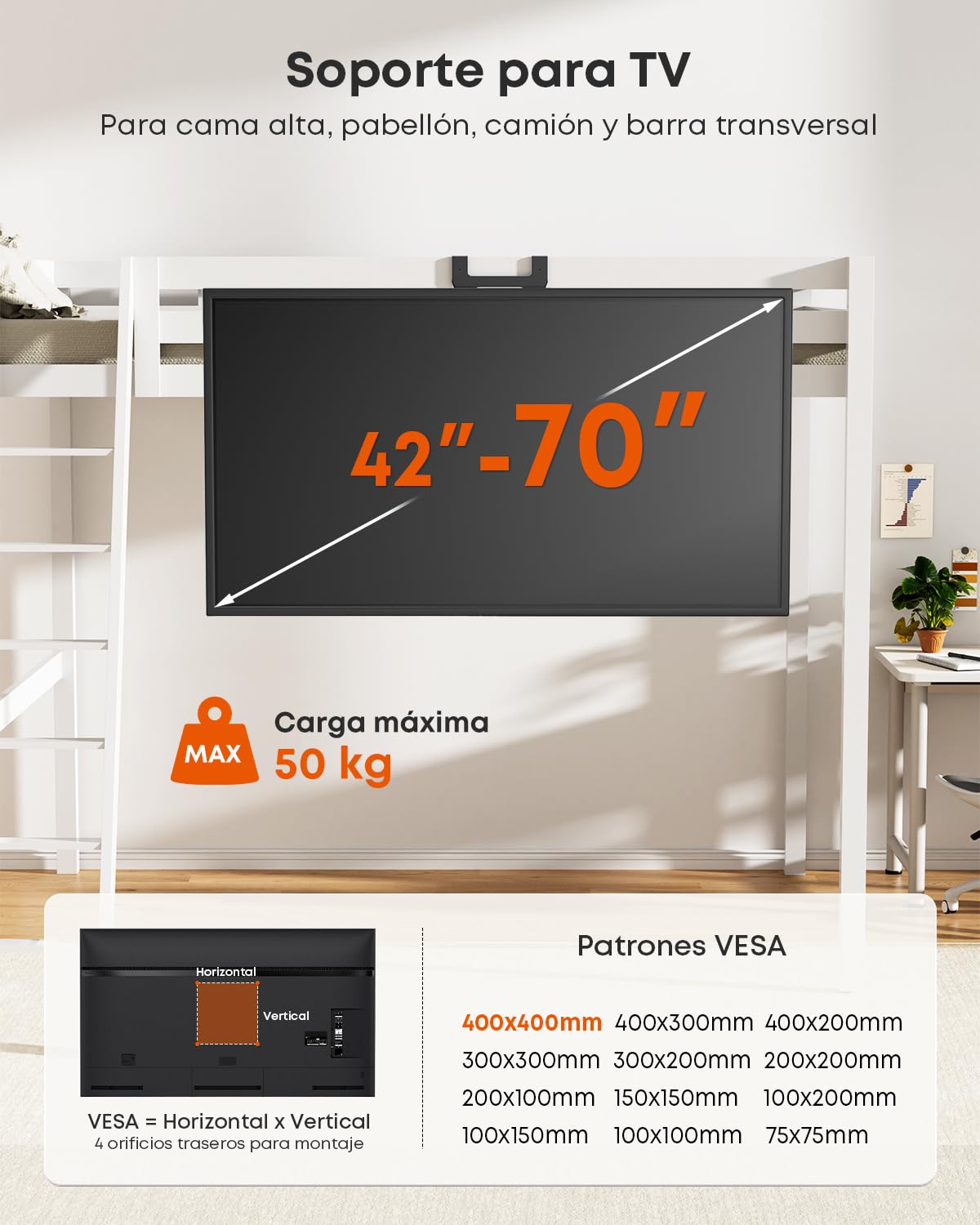 Soporte para puerta de TV de 70 pulgadas, plano y curvado, hasta 50 kg, VESA 400 x 400