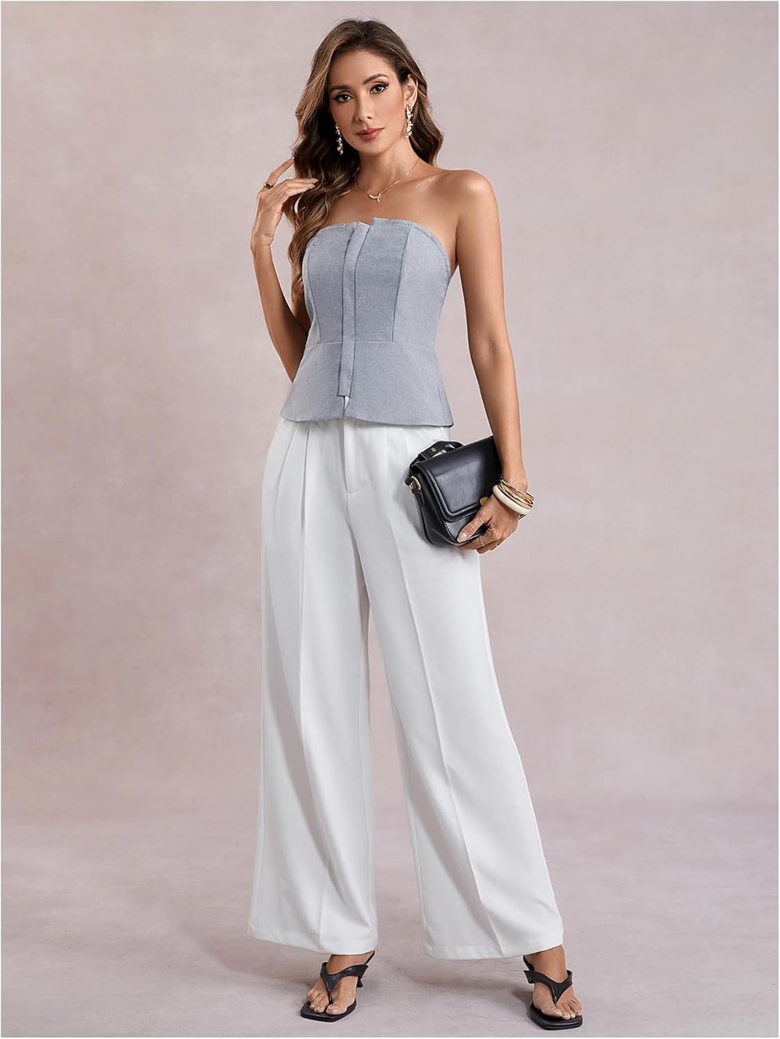 SOLY HUX Women's Summer Zip Up Tube Top Strapless Fitted Work Office Tops - Image 6