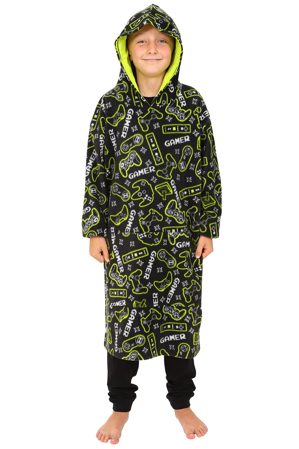 ThePyjamaFactory Boys Gamer Fleece Hoodie, Fleece Blanket Hoodie for Boys Black