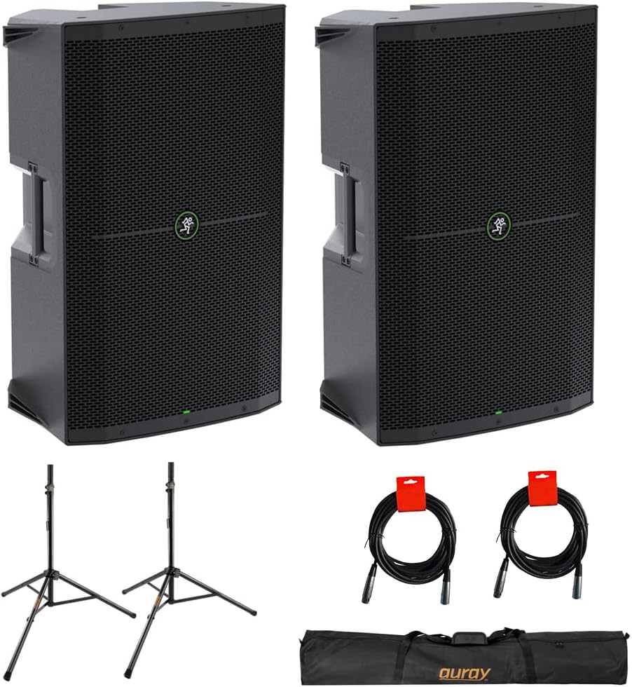 Mackie Thump215 1400W 15" Powered PA Loudspeaker System (Pair) Bundle with Auray SS-47S-PB Steel Speaker Stands, Carrying Case, and 2X 20 XLR-XLR Cable