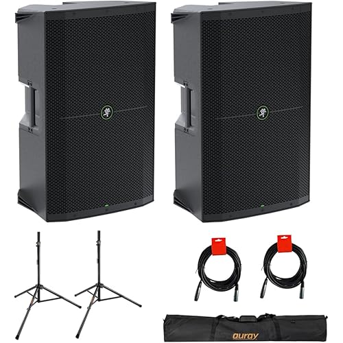 Mackie Thump215 1400W 15" Powered PA Loudspeaker System (Pair) Bundle with Auray SS-47S-PB Steel Speaker Stands, Carrying Case, and 2X 20 XLR-XLR Cable
